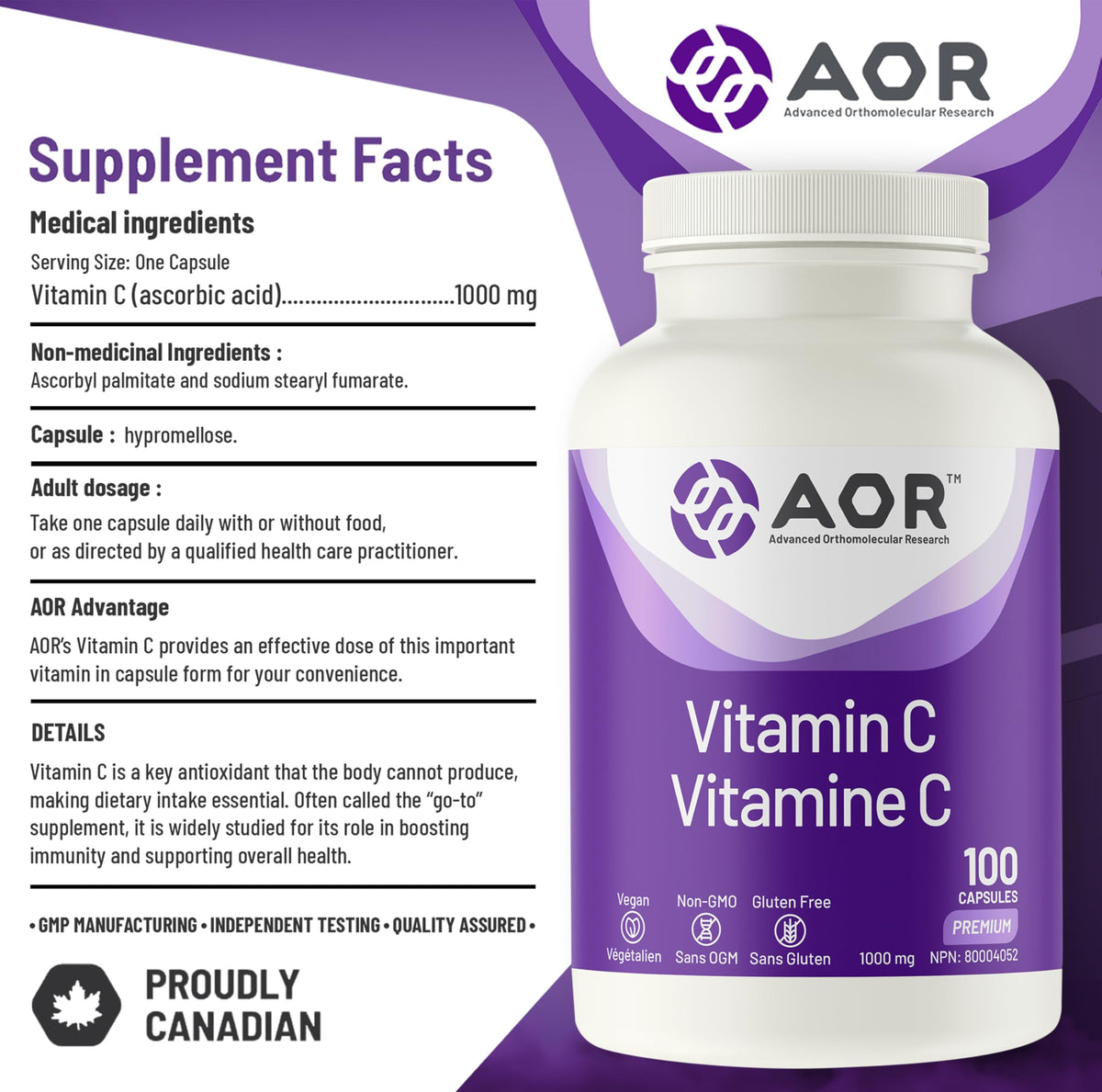 AOR Vitamin C 1000mg Capsules, Vegan Vitamin C, Immune Support, 100 Pack