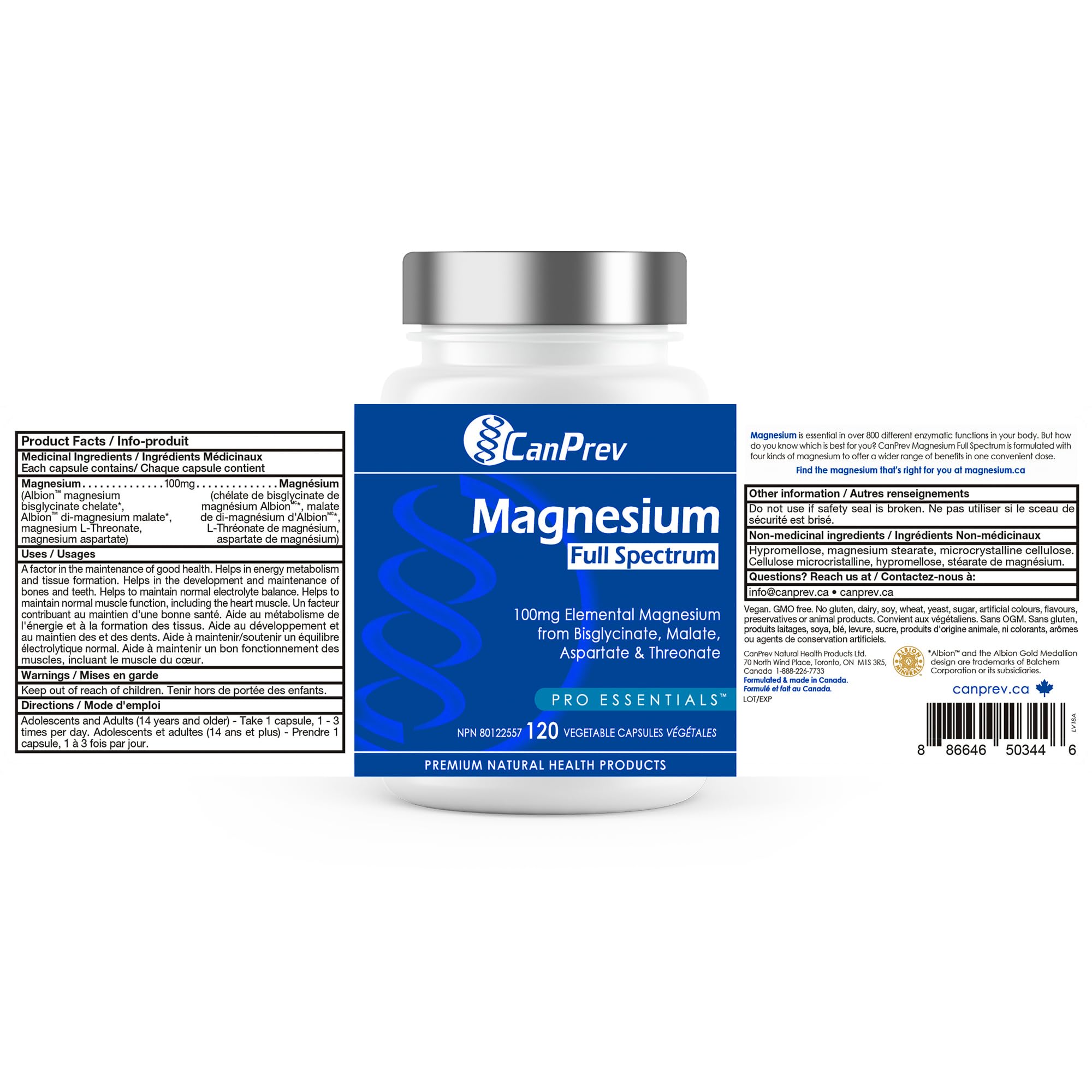 CanPrev Magnesium Full Spectrum 120 Vegan Capsules 120-Day Supply - Support for Sleep & Relaxation, Bone Density, Muscle Function, Electrolyte Balance - Pure, High-Absorption Magnesium Bisglycinate