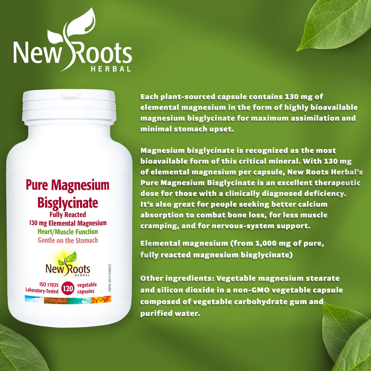 New Roots Herbal Magnesium Bisglycinate, 130mg, 120 Capsules, 60-Day Supply