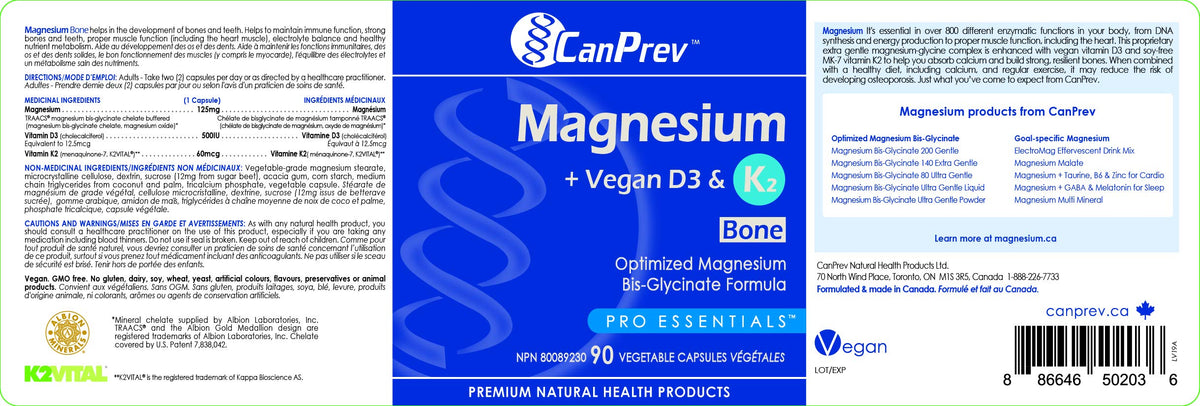 CanPrev Magnesium Bisglycinate Caps, Vitamin D3 K2, 90 Caps, 45-Day Supply