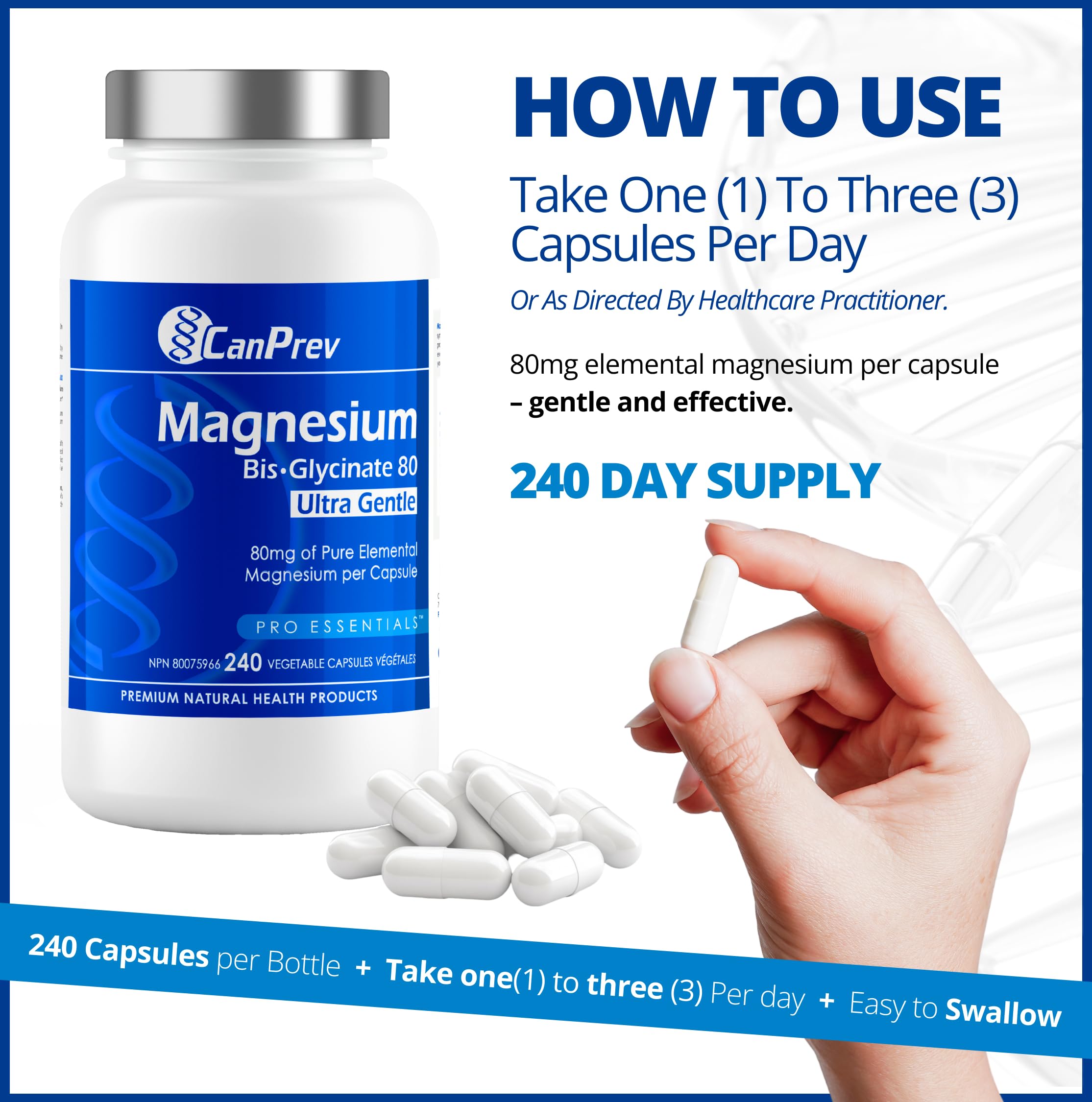 CanPrev Bis-Glycinate de Magnésium 80 Ultra Doux l Soutient la production d'énergie l Os, dents et muscles solides l Favorise la relaxation