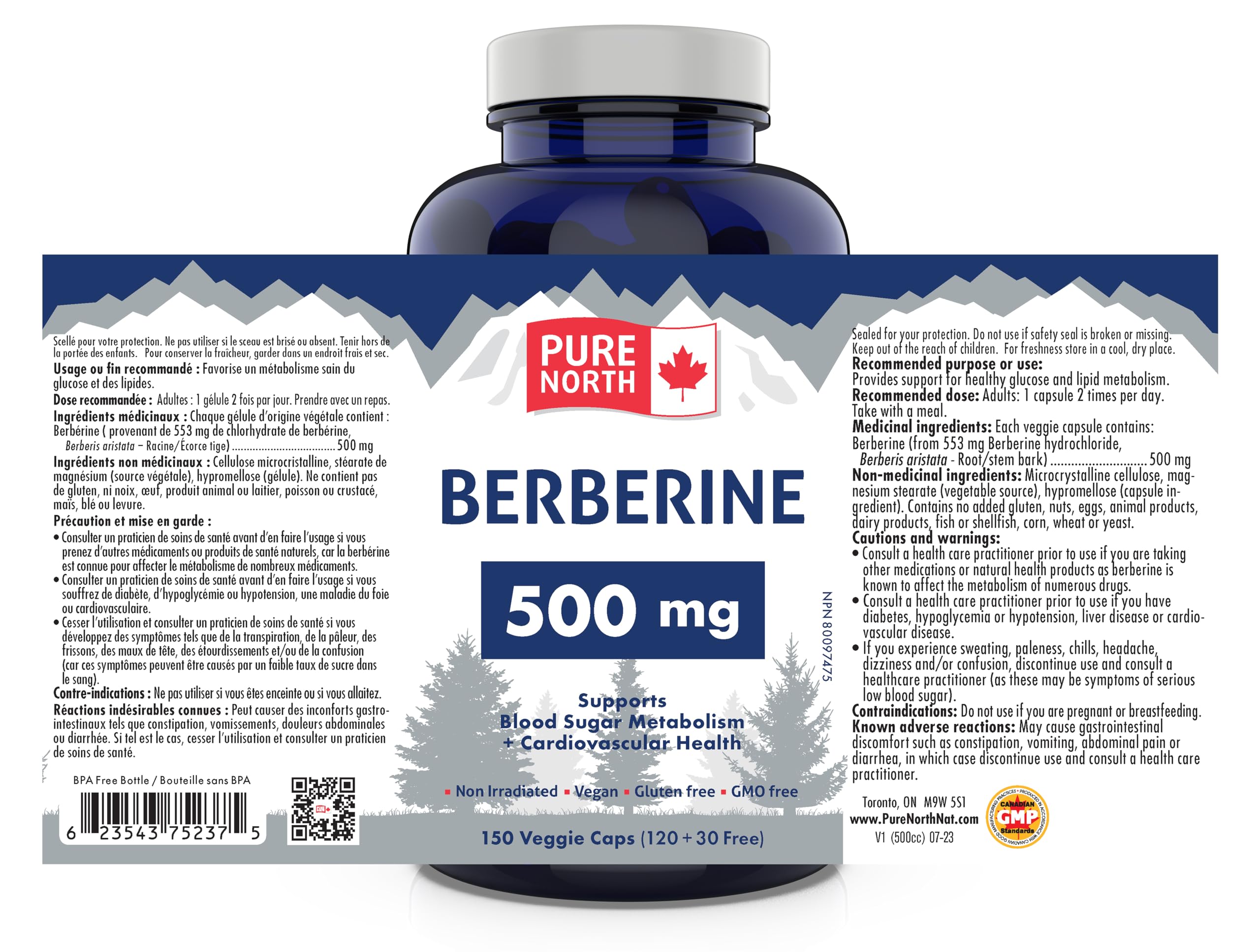 Pure North Naturals - Berberine 500mg, 150 Vegan Capsules 75-Day Supply - Supports Blood Sugar Metabolism + Cardiovascular Health and Gut Health - 3rd Party Tested - Formulated & Made in Canada