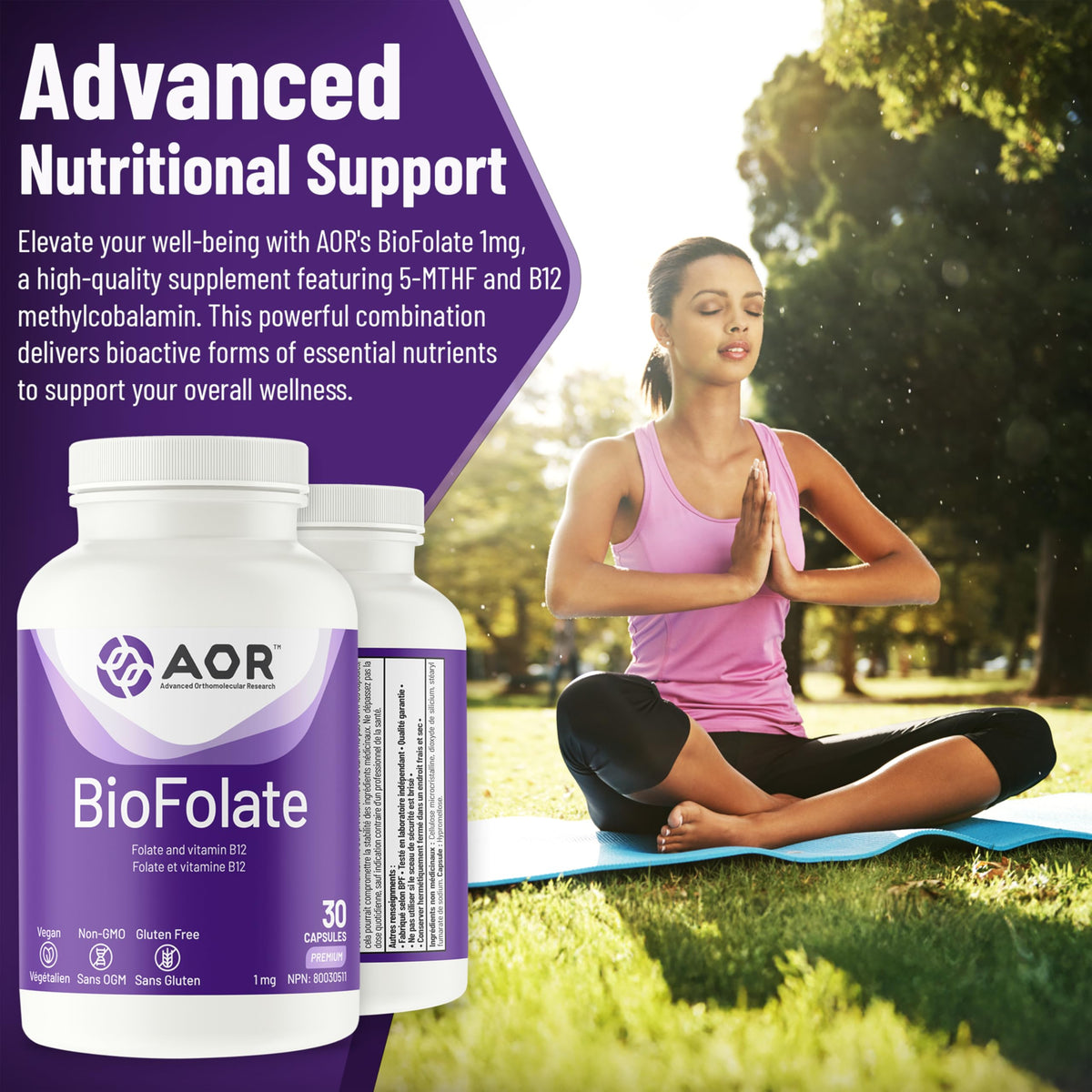 AOR BioFolate 1mg Methylfolate Supplement, B12, Vegan, Gluten Free, 30 Caps