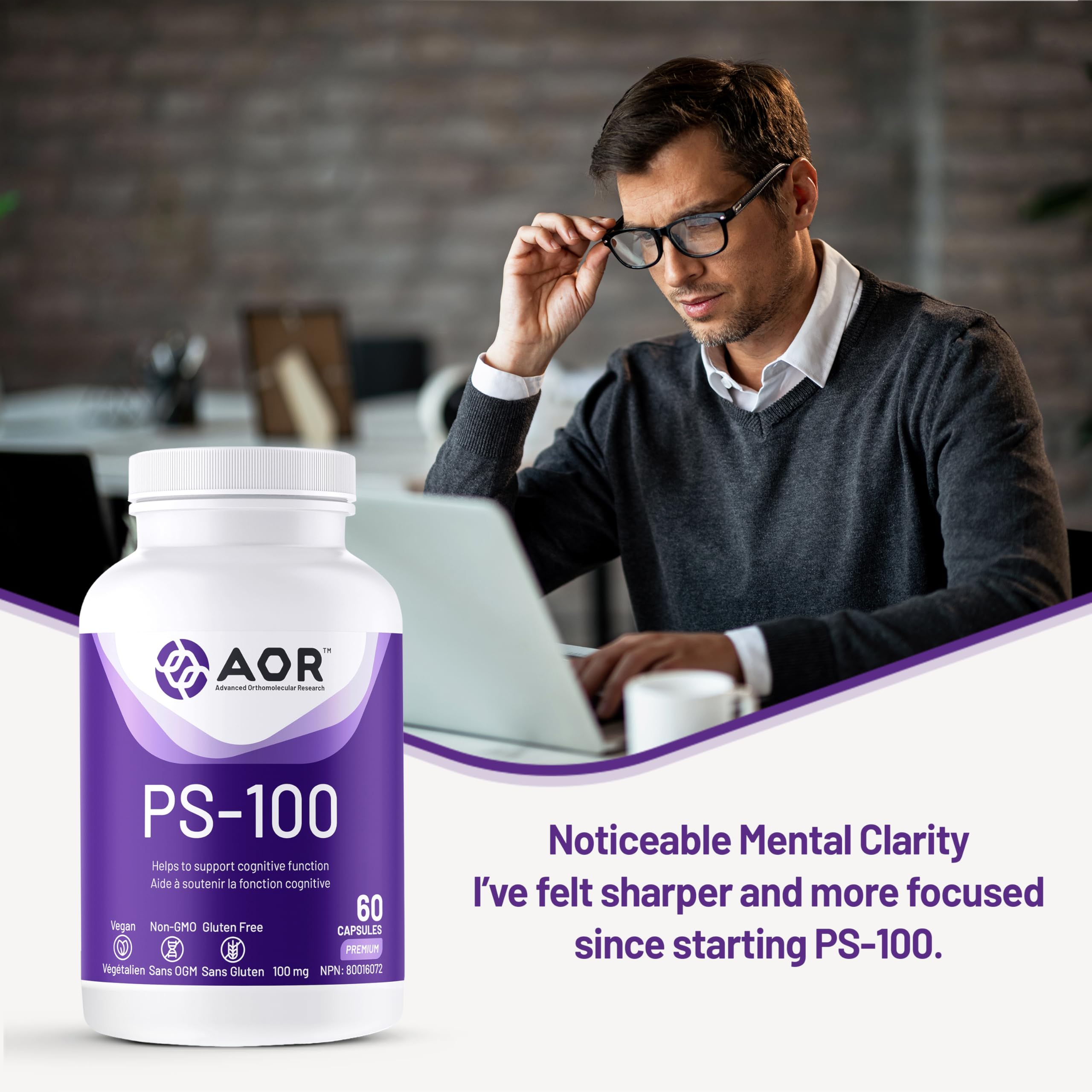 AOR PS-100, 100 mg 60 gélules - Favorise la clarté mentale et la concentration, sans gluten, sans OGM et végétalien, phosphatidylsérine issue de la lécithine de tournesol, favorise un sommeil réparateur et la fonction cognitive