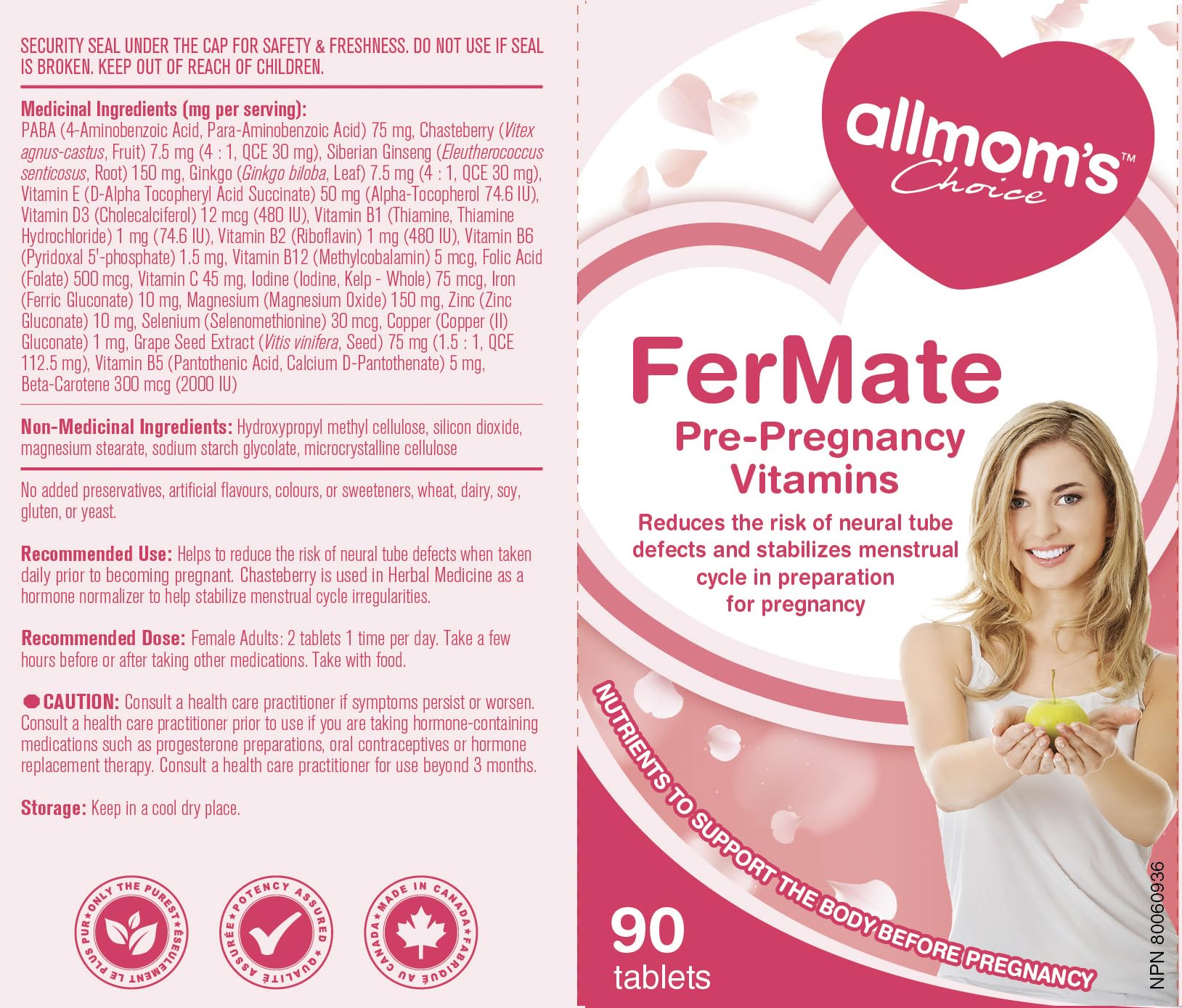 Vitamines prénatales fertilité pour femmes qui essaient de concevoir, favorise des cycles sains, aide à la fertilité - Vitex (gattilier), PABA, Folate Acide Folique 500mcg, B12, Zinc - 45 jours d'approvisionnement - Allmom's Choice