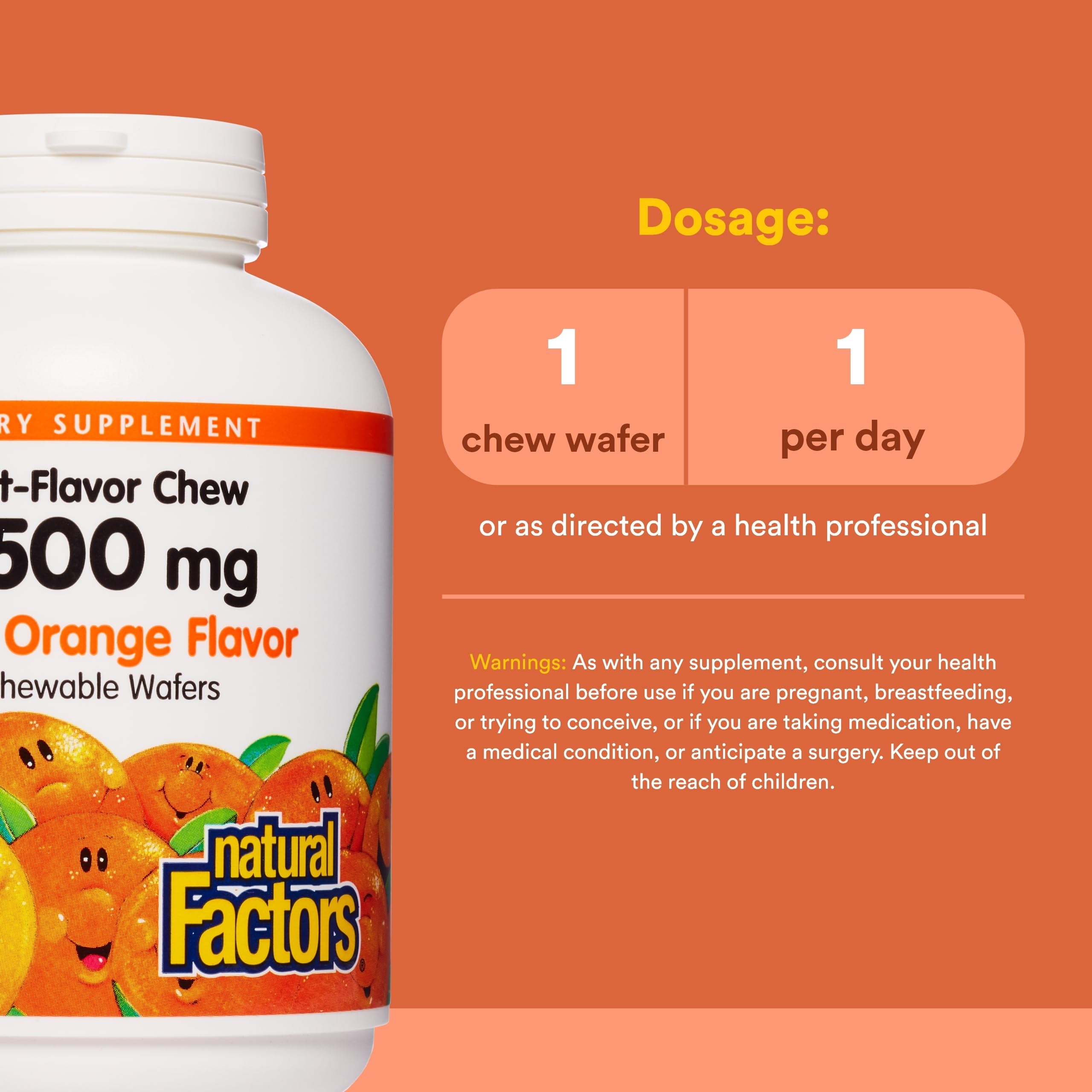 Natural Factors - Vitamin C 500mg, 100% Natural Fruit Chew, Tangy Orange, 180 Chewable Wafers