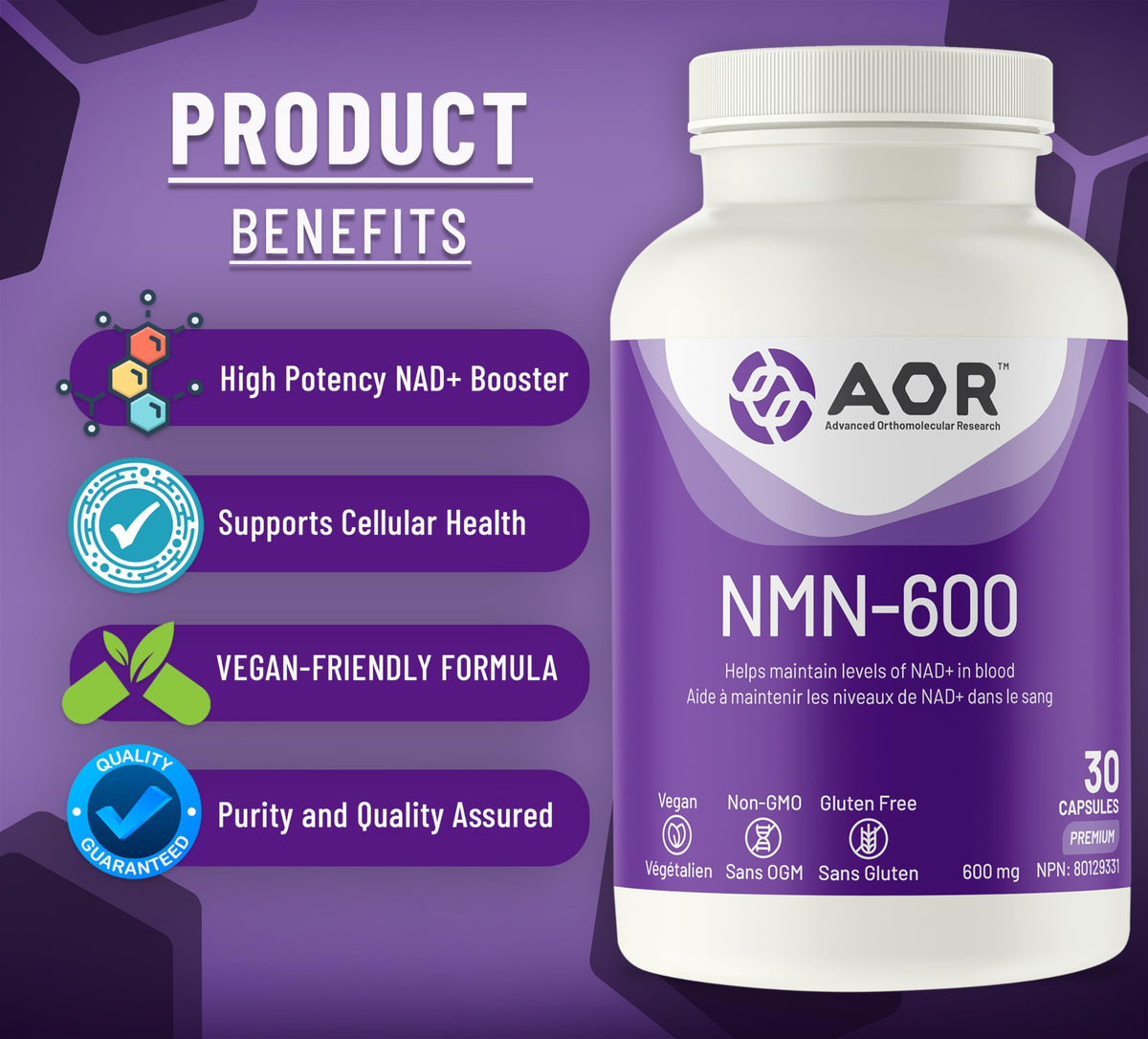 AOR NMN 600mg Capsules, Made in Canada, 30 Vegan Capsules, 30 Day Supply