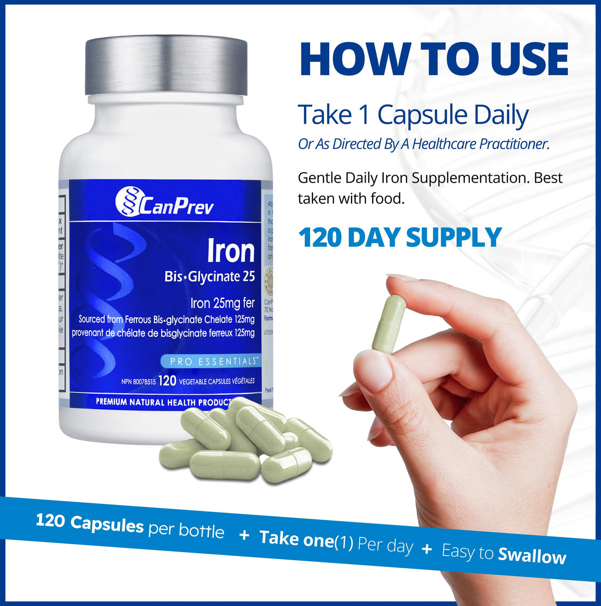 CanPrev Iron Supplement, Bis-Glycinate 25mg, 120 Capsules, 120-Day Supply
