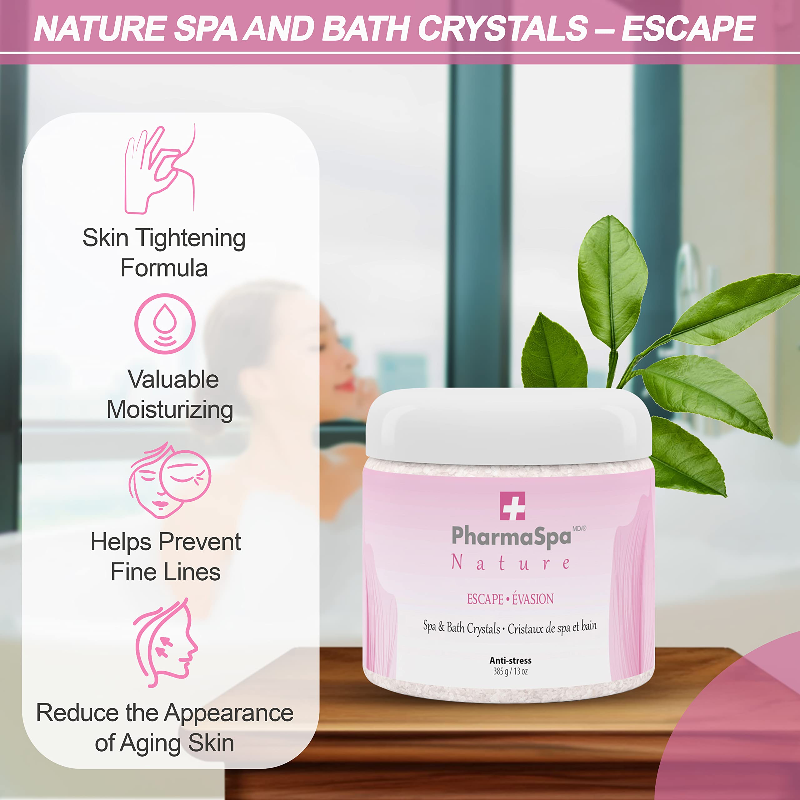 PharmaSpa Nature : Cristaux pour spa et bain aux extraits 100 % naturels – 385 g/13 oz – Sel de bain d'Epsom pour l'aromathérapie et la relaxation en spa – Sans gluten, sans parabènes, sans cruauté animale
