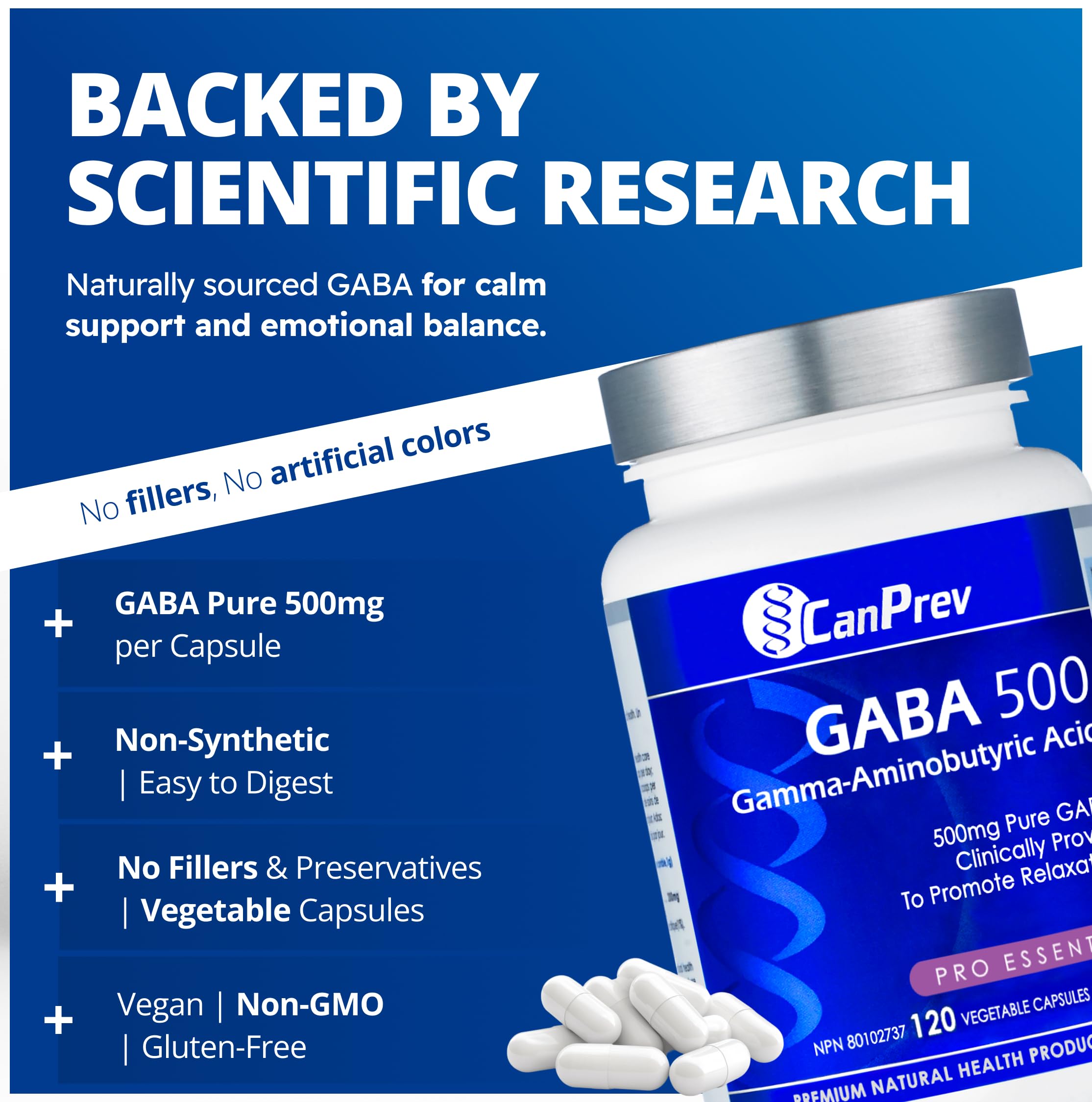 CanPrev GABA 500mg, 120 V-Capsules, Approvisionnement de 120 Jours - Supplément Pur de GABA pour la Relaxation et un Sommeil Réparateur - Acide Gamma-Aminobutyrique 500mg - Végétalien - Soutien Cérébral pour un Esprit Calme et Concentré - Végétalien