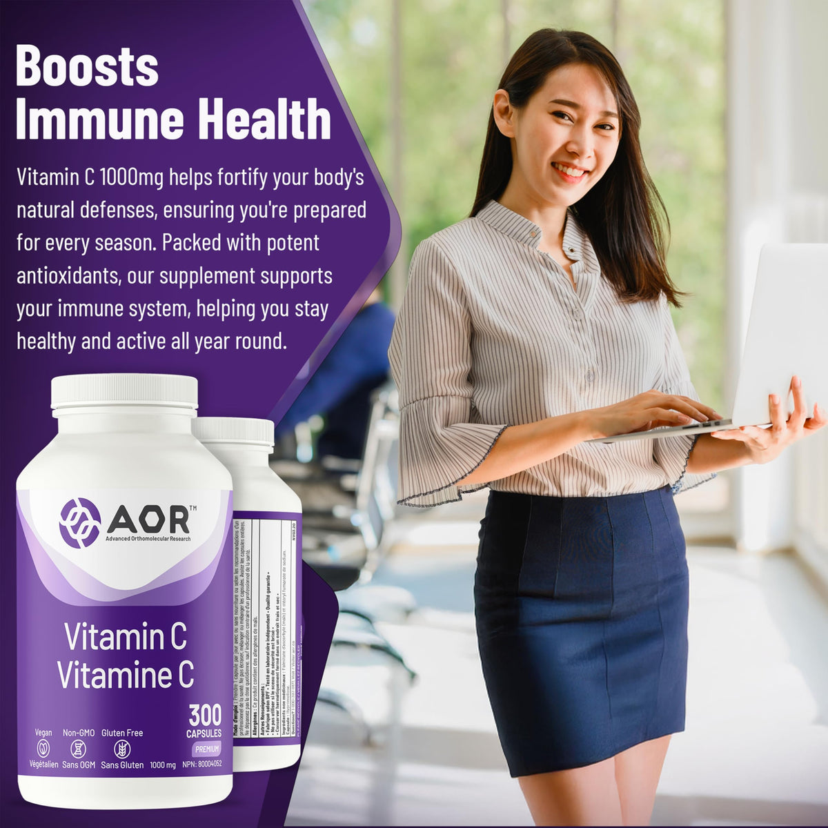 AOR Vitamin C 1000mg Vegan Capsules, Non-GMO, 300 Capsules, 10 Month Supply