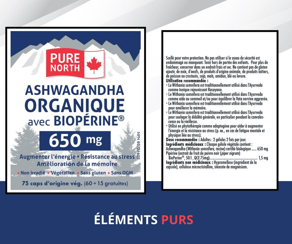 Pure North Naturals - Organic Ashwagandha with BioPerine, 75 Vegan Capsules - Improve Energy, Cognitive Function and Memory Enhancement - 3rd Party Tested - Formulated & Made in Canada