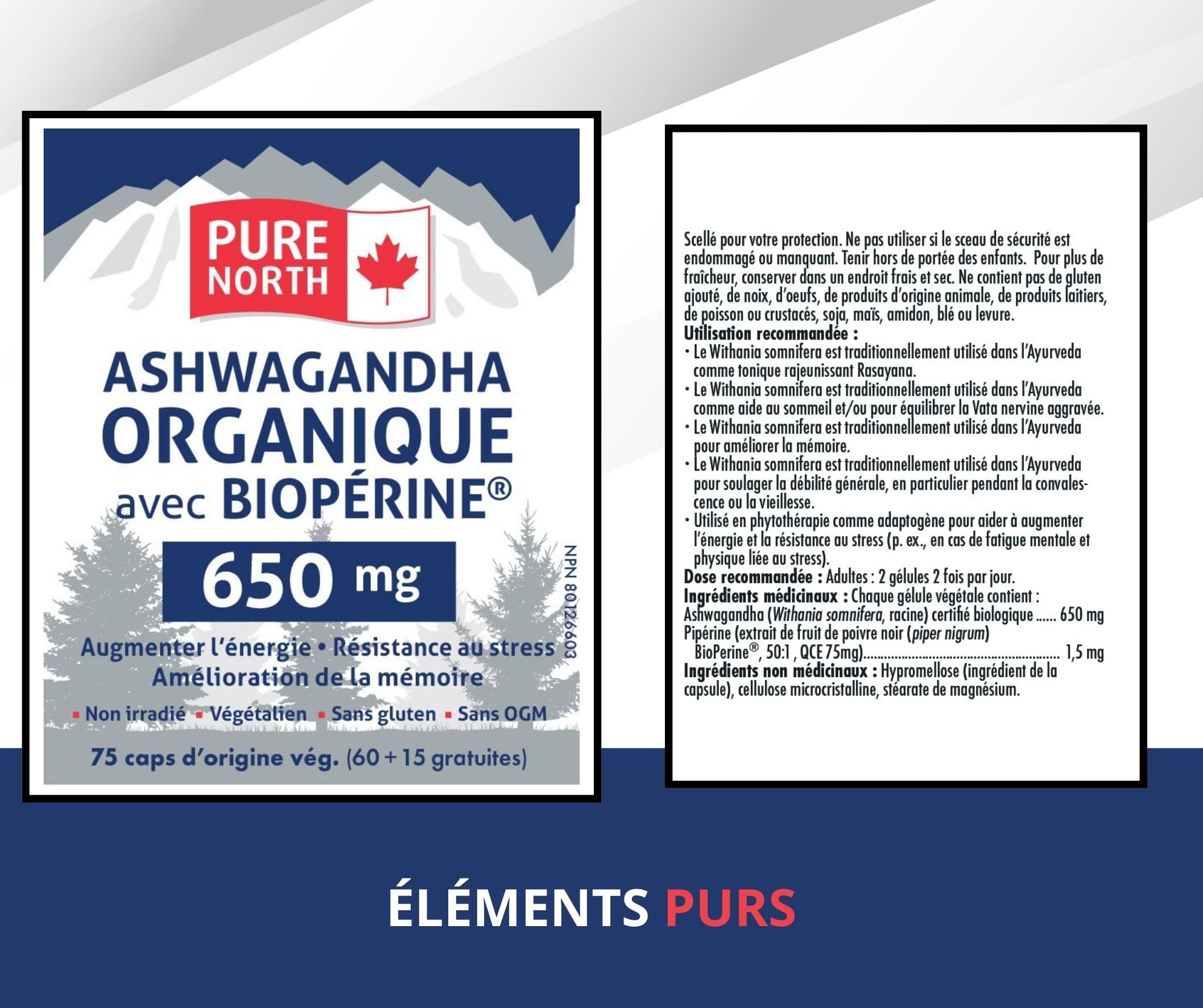 Pure North Naturals - Ashwagandha Bio avec BioPerine, 75 gélules végétaliennes - Améliore l'énergie, les fonctions cognitives et la mémoire - Testé par une tierce partie - Formulé et fabriqué au Canada