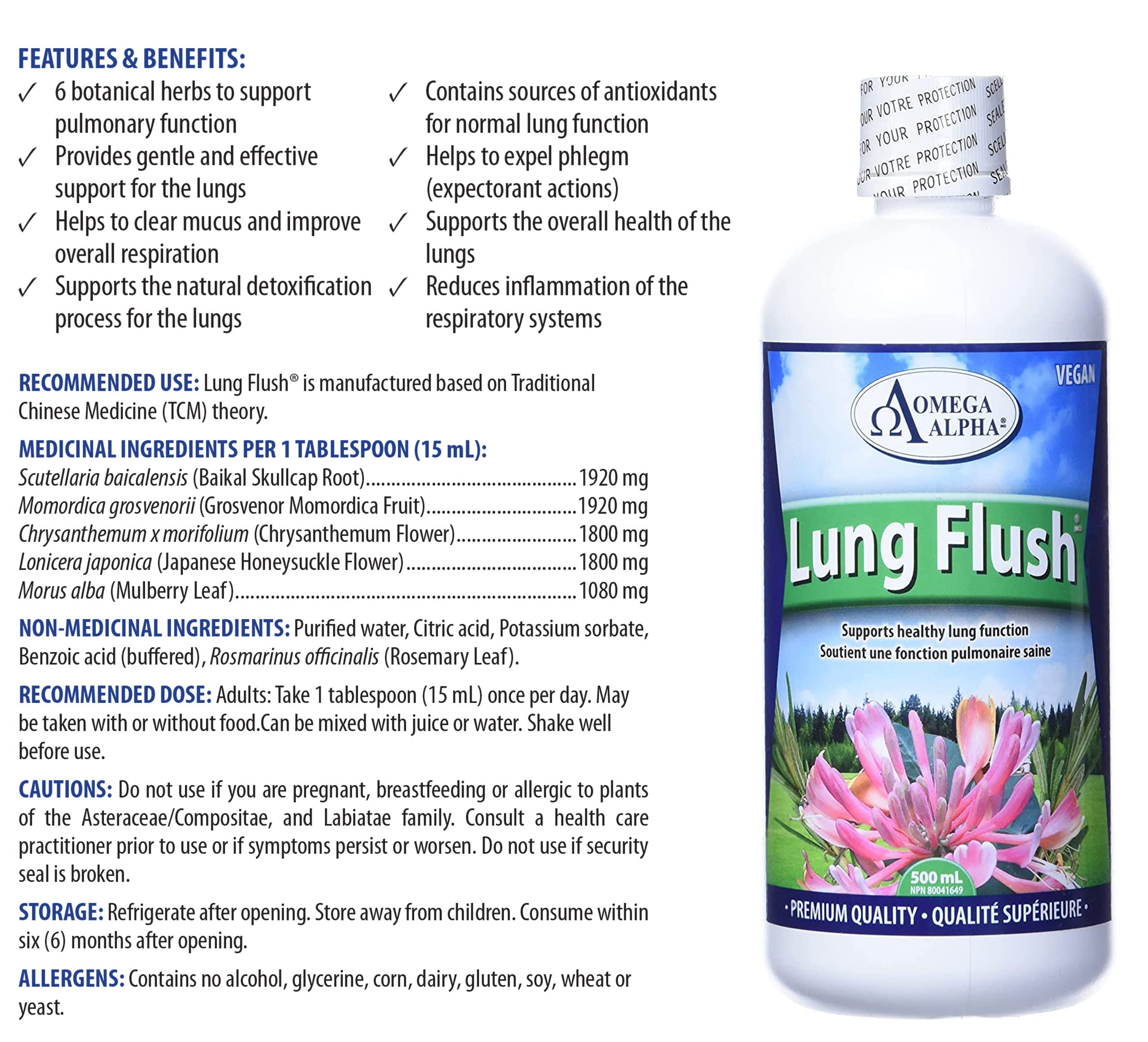Omega Alpha Lung Flush, supplément liquide à base de plantes pour la santé respiratoire, le nettoyage des voies respiratoires et le fonctionnement sain des poumons, 500 ml, 33 jours d'approvisionnement, végétalien