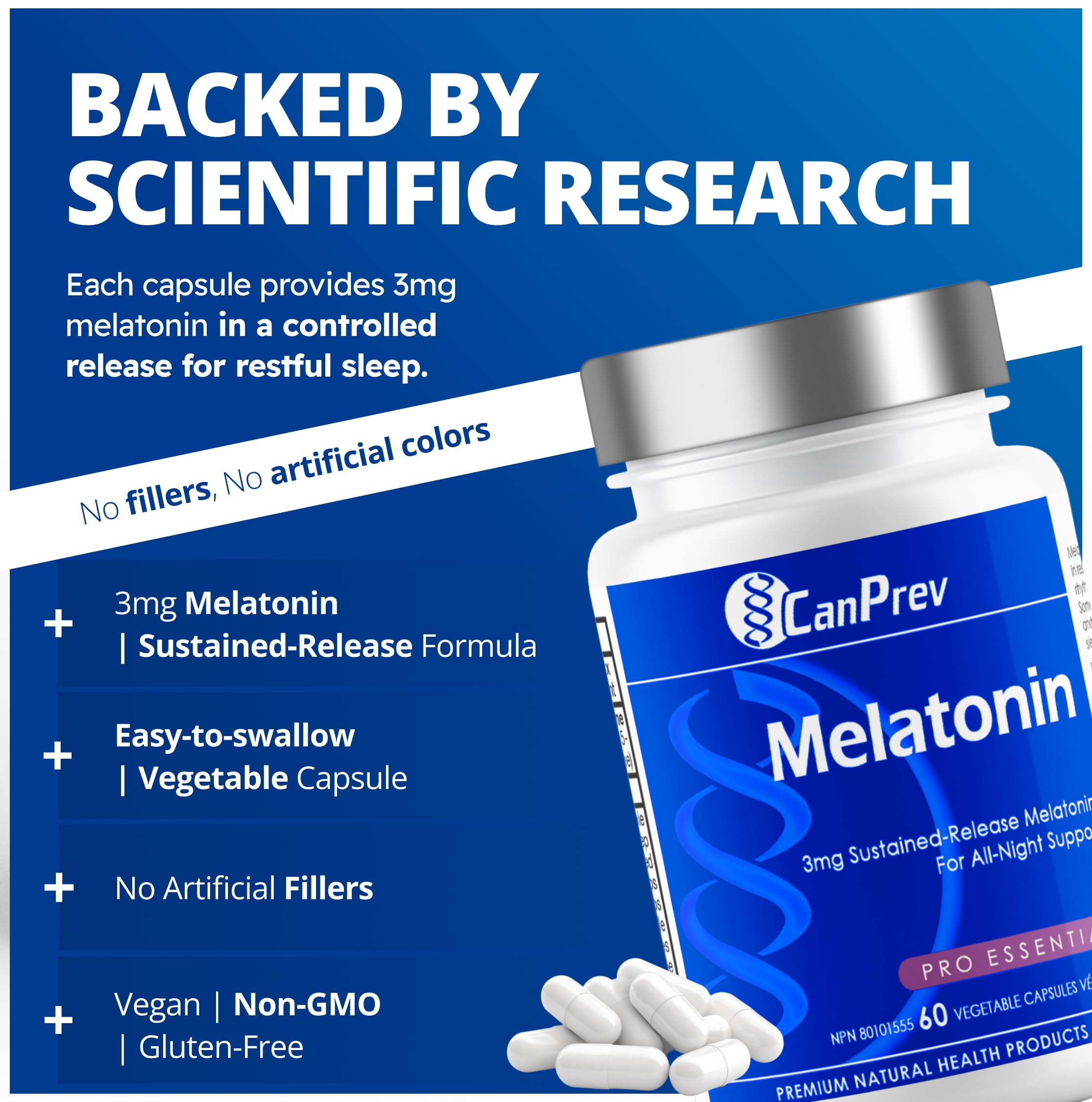 CanPrev Pure Melatonin 3 mg Sustained-Release, 60 Vegan Caps 60-Day Supply - Supports Restful & Extended Sleep Management, Travel Adjustments & Natural Sleep Rhythm - Melatonin Supplement for Adults
