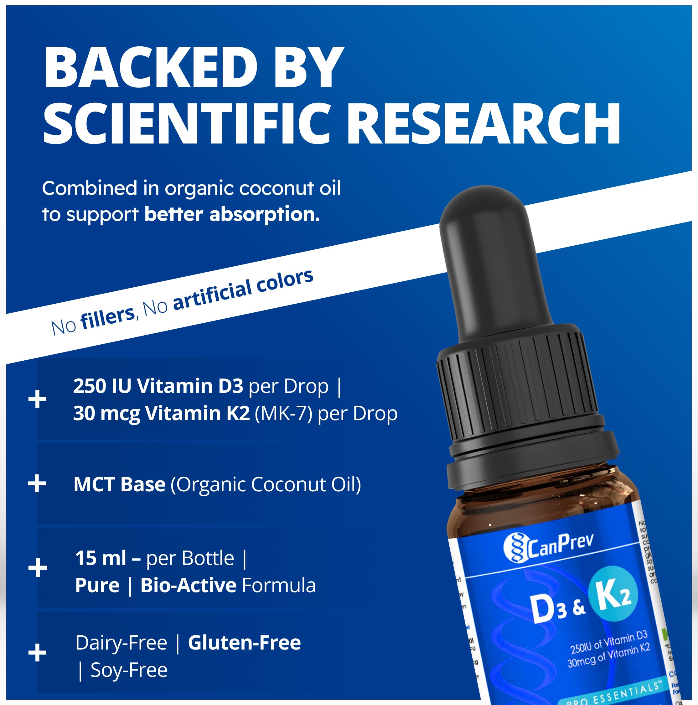 CanPrev D3 & K2 Drops - MCT Base 15ml, 450-Drops 112-Servings - Liquid Vitamin D3 with K2 for Enhanced Absorption- Supports The Development and Maintenance Of Bones and Teeth - Gluten-Free