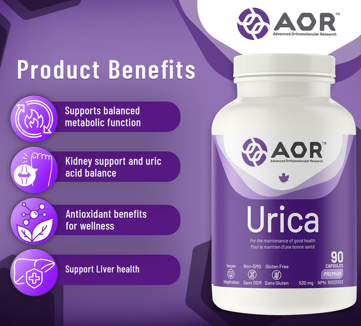 AOR Urica, Uric Acid, White Mulberry, Resveratrol, Gluten Free, 90 Capsules