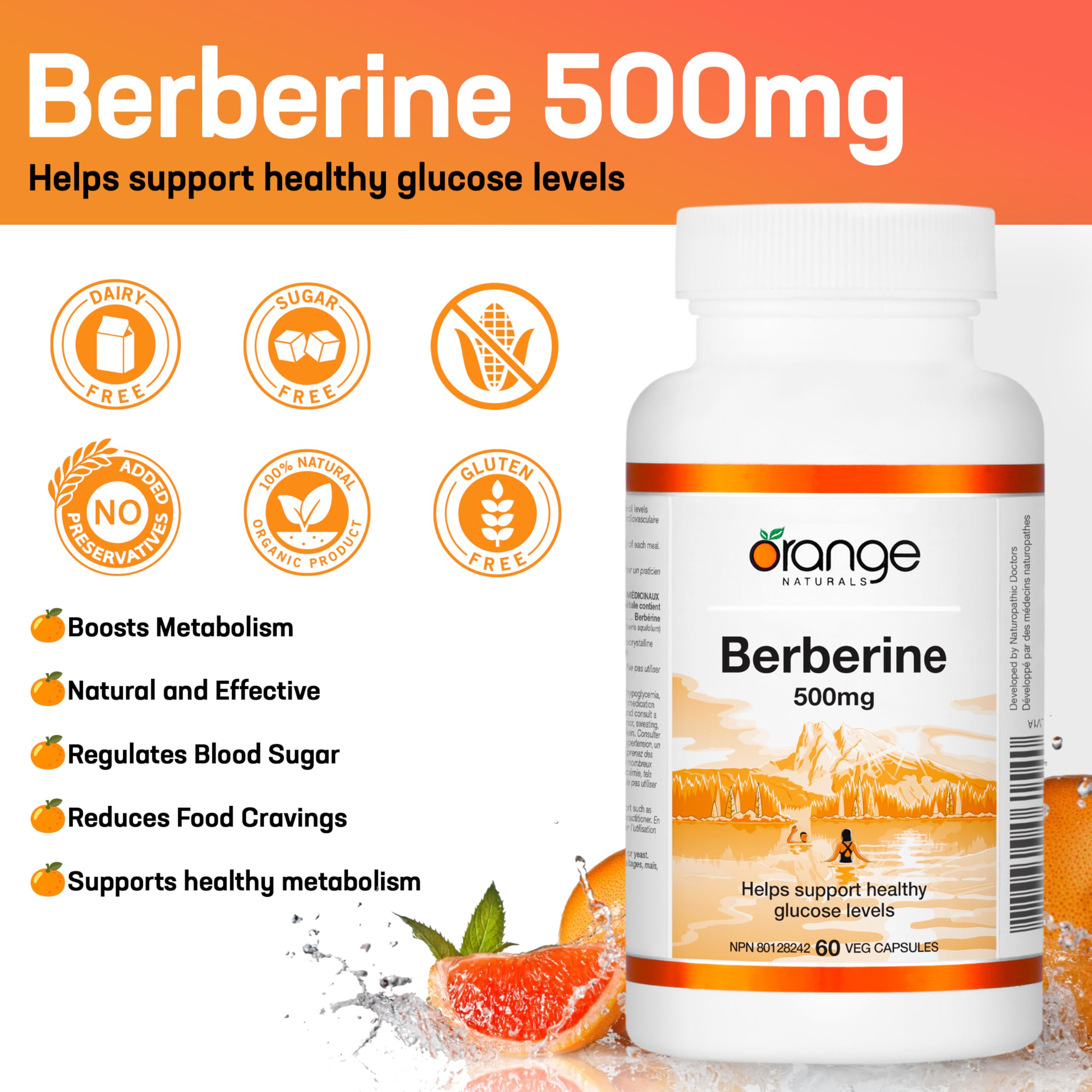 Orange Naturals - Berberine 500mg, 60 gélules (30 jours d'approvisionnement) - La berbérine aide à soutenir des niveaux de glucose sains, des niveaux de cholestérol sains et la santé cardiovasculaire - Végane et sans OGM - Soutien métabolique naturel