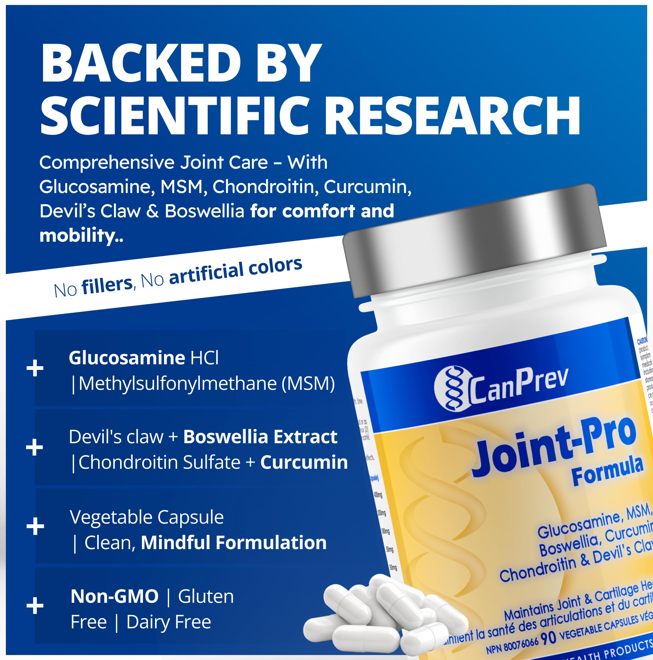 CanPrev Formule Joint-Pro, 90 capsules - Glucosamine, Chondroïtine, MSM, Boswellia, Griffe du diable et Curcumine, Favorise la souplesse des articulations et maintient un cartilage sain, Sans OGM et sans gluten