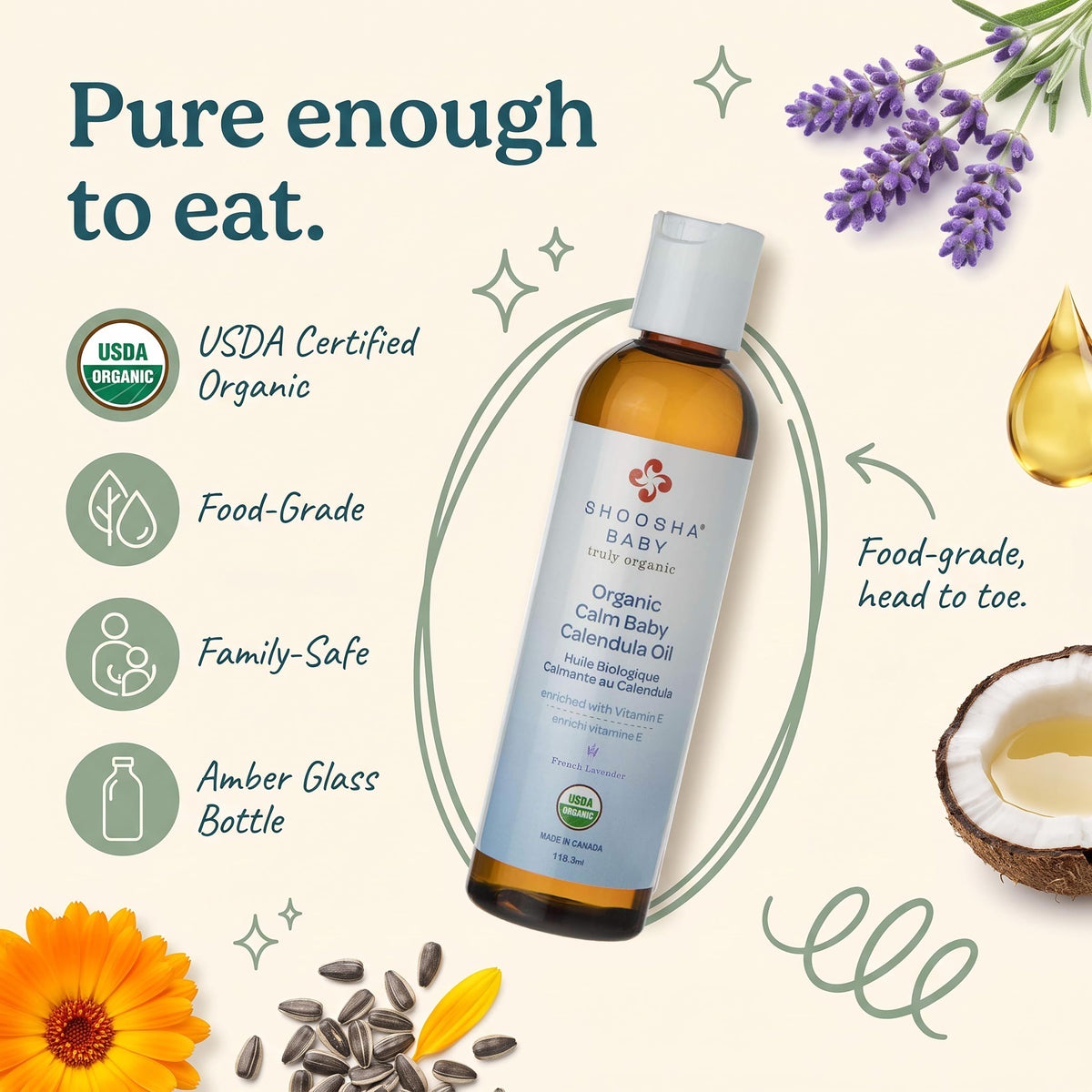 Shoosha Calm Baby Calendula Oil, Lavender Vanilla, 118.3 ml (Pack of 1)