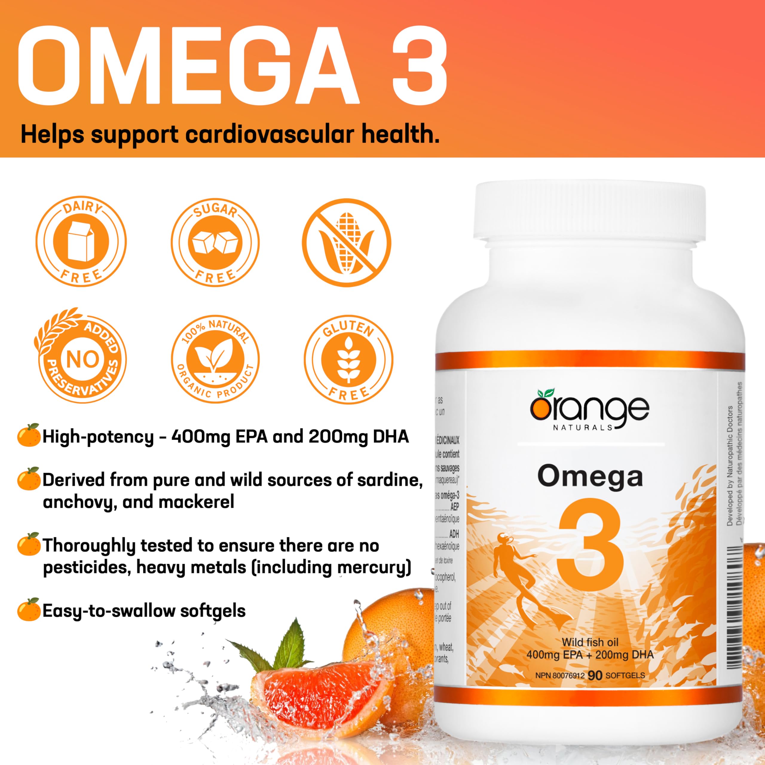 Orange Naturals Huile de poisson Oméga-3 - 90 gélules pour une meilleure santé cérébrale et cardiaque, acides gras essentiels triple concentration, sans OGM, haute teneur en EPA et DHA, soutient la fonction cognitive et le bien-être cardiaque