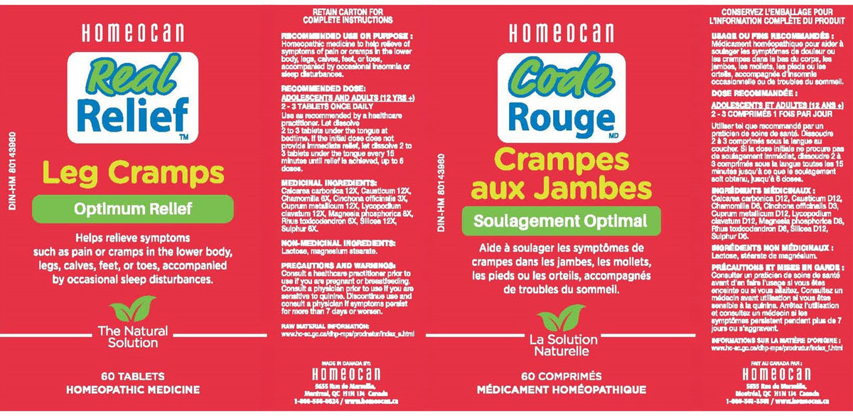 Homeocan Real Relief Leg Cramps 60 Tablets, 30-Day Supply, Homeopathic Support for Leg Comfort Mobility & Ease, Non-Habit-Forming, Gentle Formula for Adults