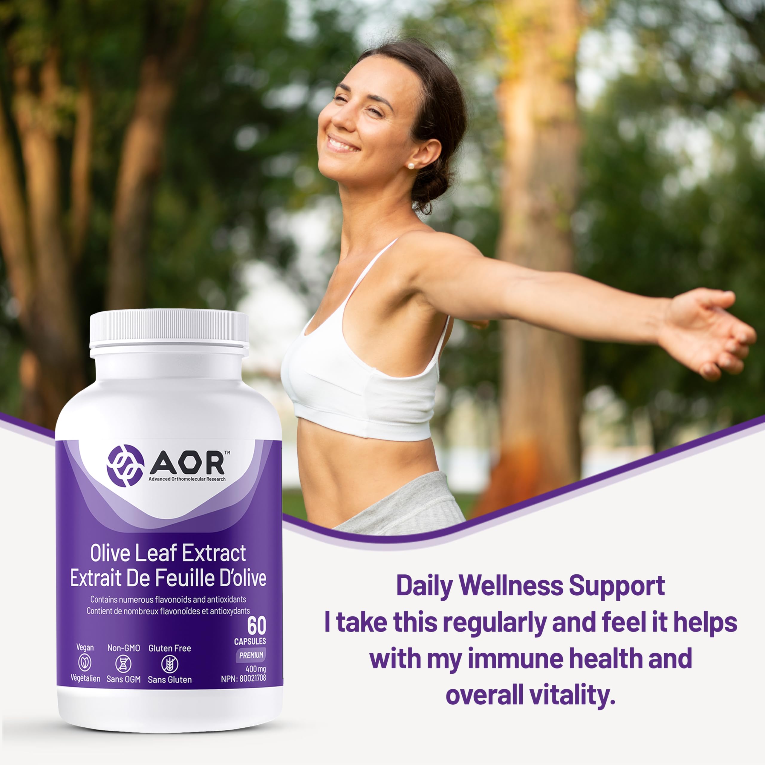 AOR Oleuropein Olive Leaf Extract 400mg, 60 Capsules 30-Day Supply - Supports Cellular Well-Being, Heart Vitality and Immune Function - Rich in Antioxidant Benefits - Vegan, Non-GMO and Gluten-Free