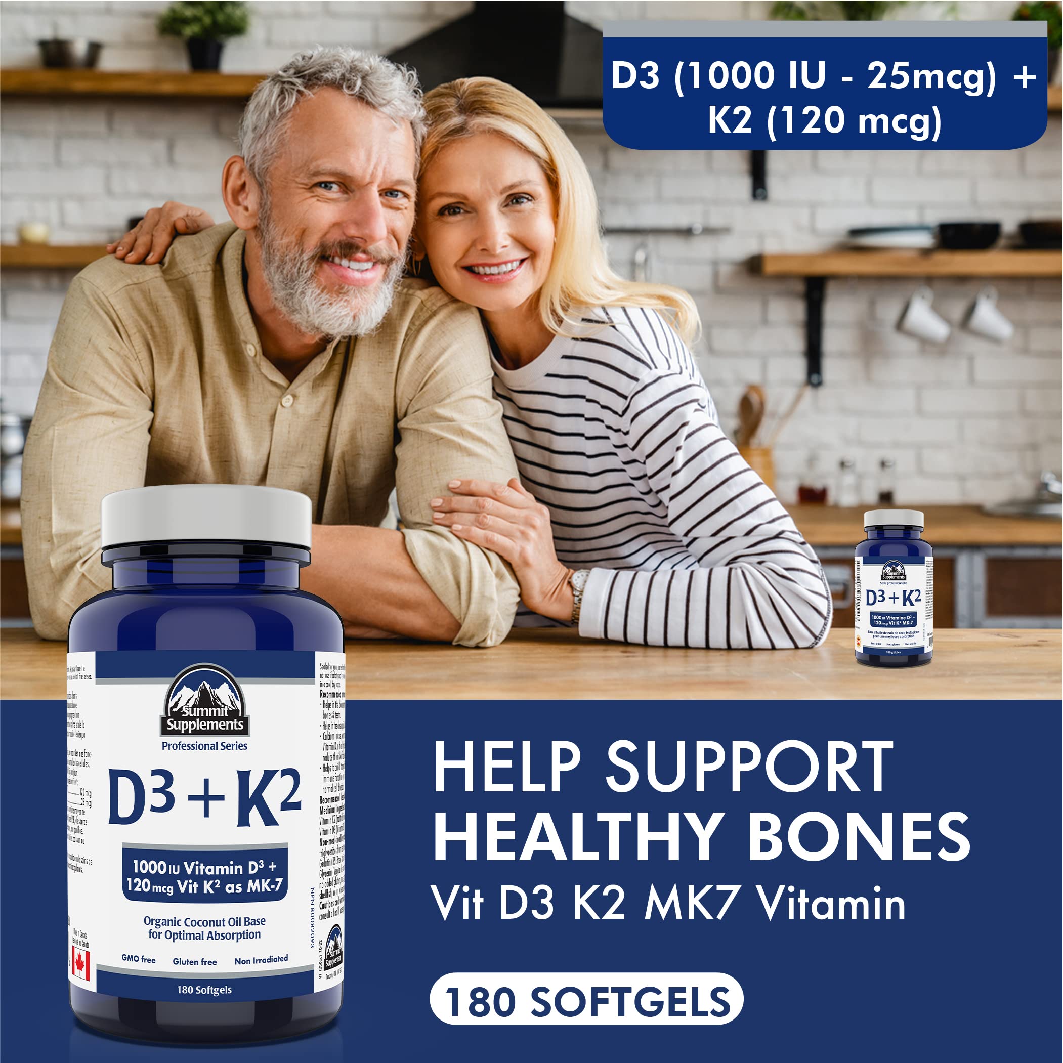 Vitamin D3 K2 180 Softgels, 6-Month Supply, 1000 IU D3 + 120mcg K2 MK-7, Organic Coconut Oil Base, Supports Bones, Teeth, Muscle & Immune System, GMO & Gluten-Free, Proudly Canadian, Plastic Negative