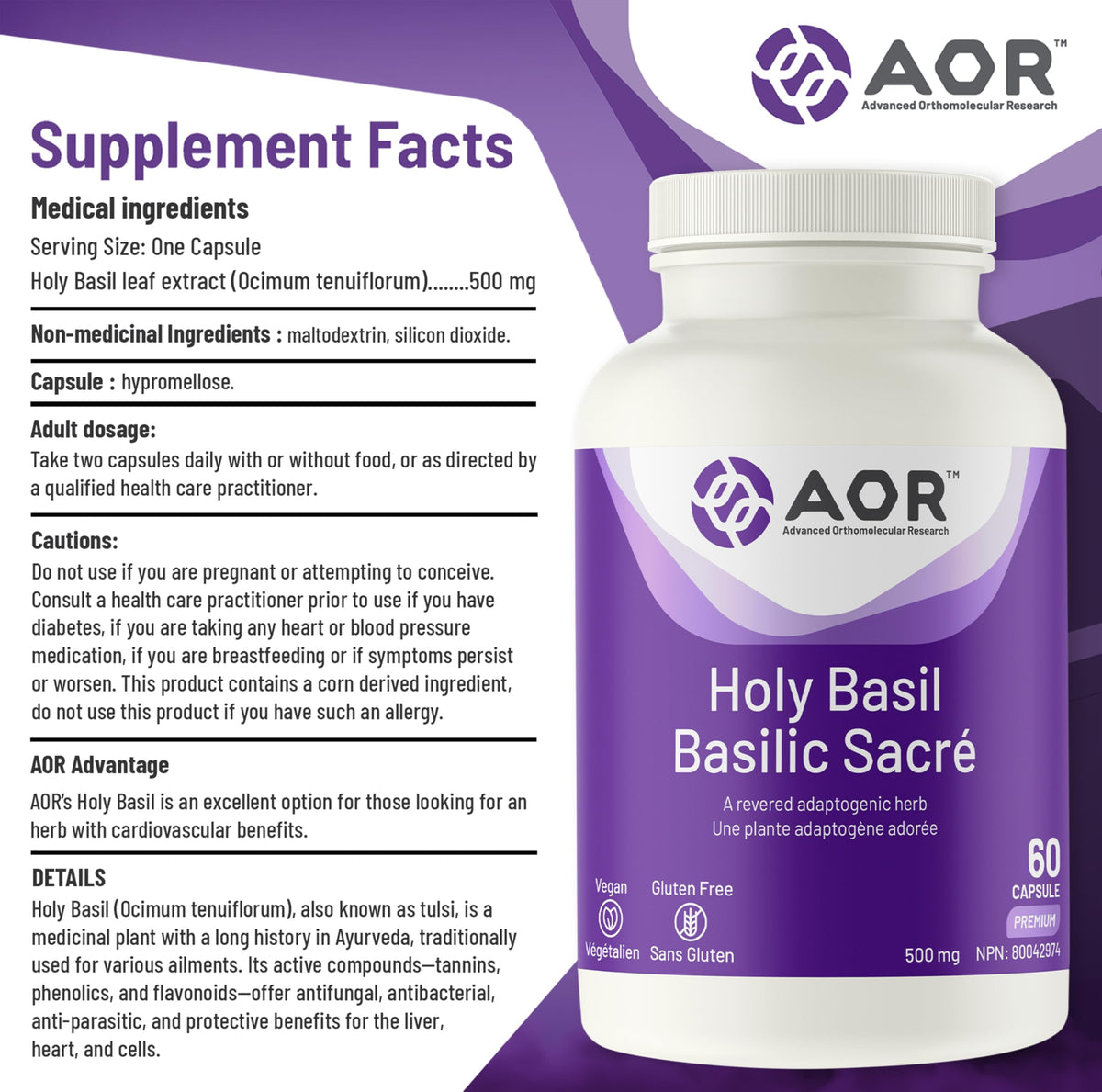 AOR Holy Basil Extract 500mg Supplement, Vegan Capsules, Tulsi, 60 Capsules