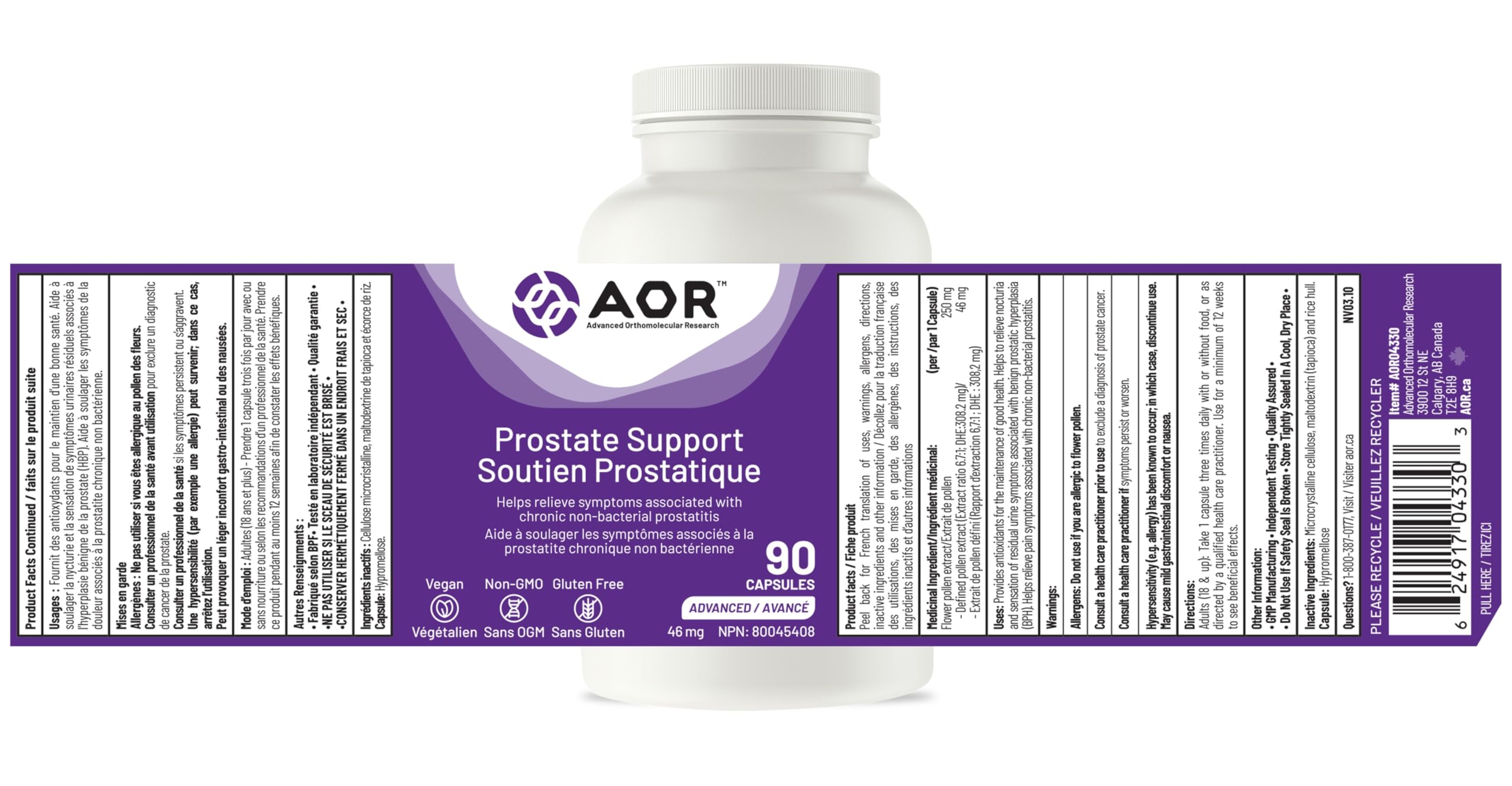 AOR Prostate Support, 90 capsules végétaliennes, cure de 30 jours – Formule santé de la prostate pour hommes – Soutient la fonction prostatique et la santé urinaire – Favorise le confort urologique – Améliore la vitalité masculine