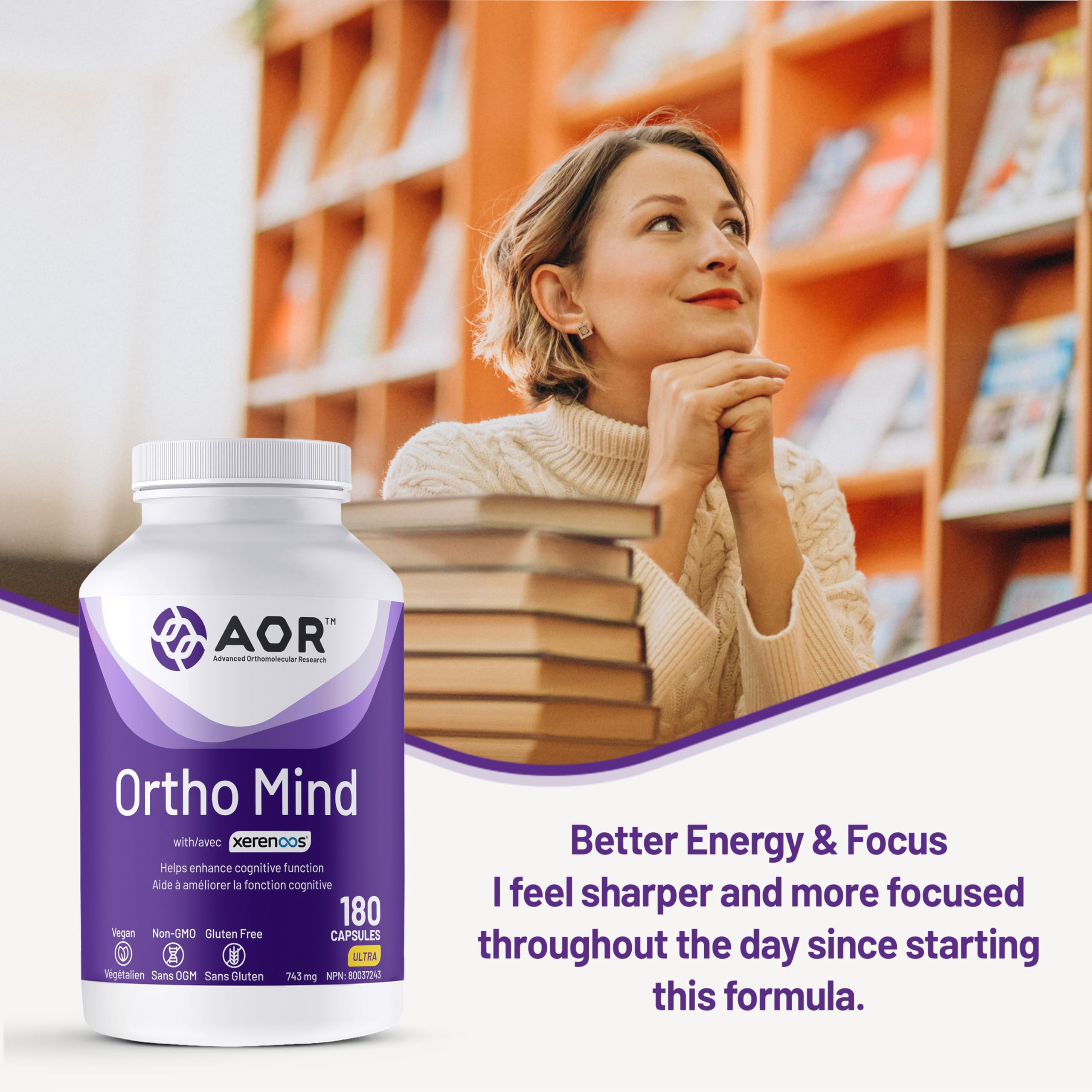 AOR Ortho Mind Soutien cognitif, 180 capsules, approvisionnement de 30 jours – Soutient la concentration et la clarté mentale – Végétalien, sans OGM et sans gluten – Ginseng, acétyl L-carnitine, acide alpha-lipoïque, vitamine pour le soutien cérébral