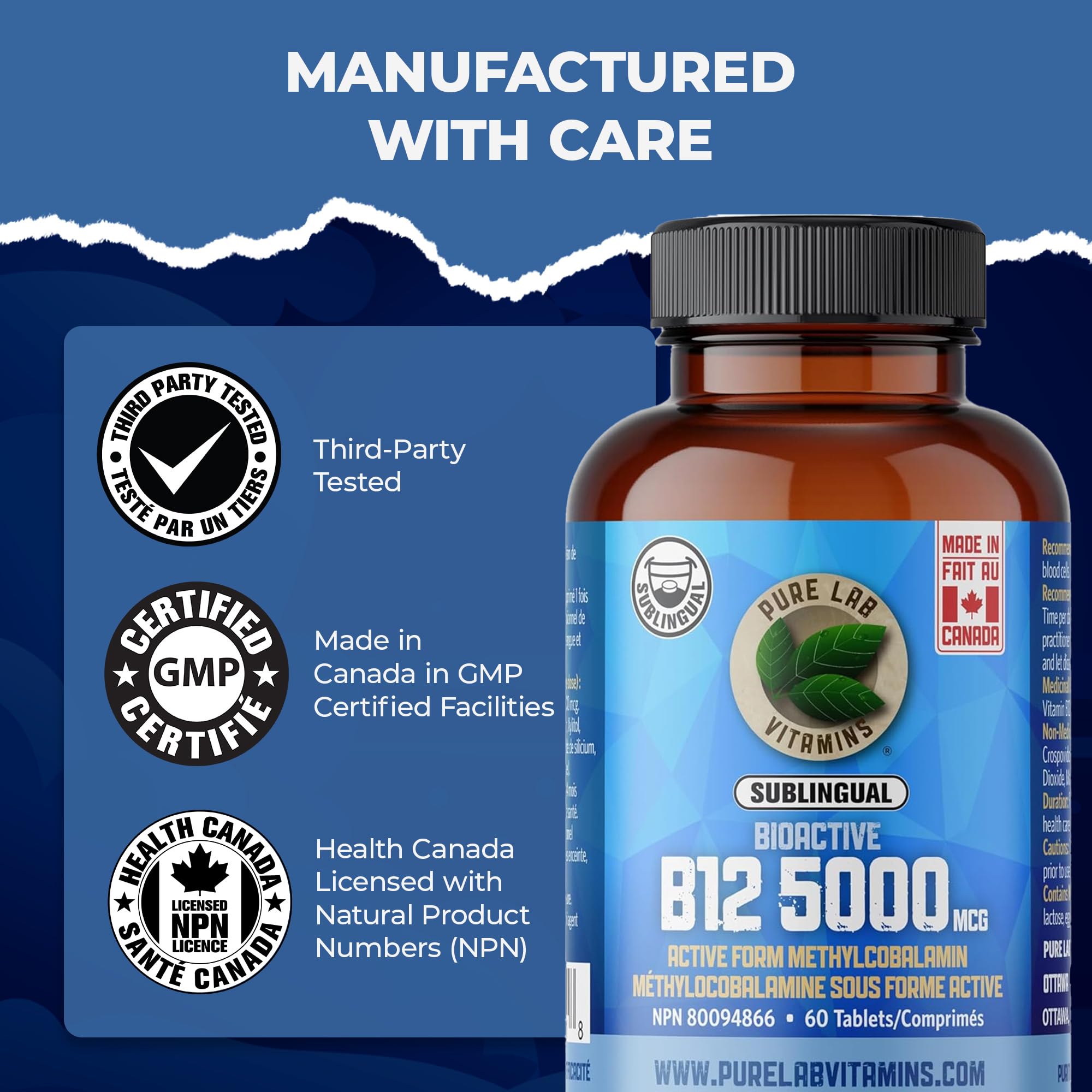 Pure Lab Vitamins B12 BioActive 5000 mcg - Sans lactose, sans sucre