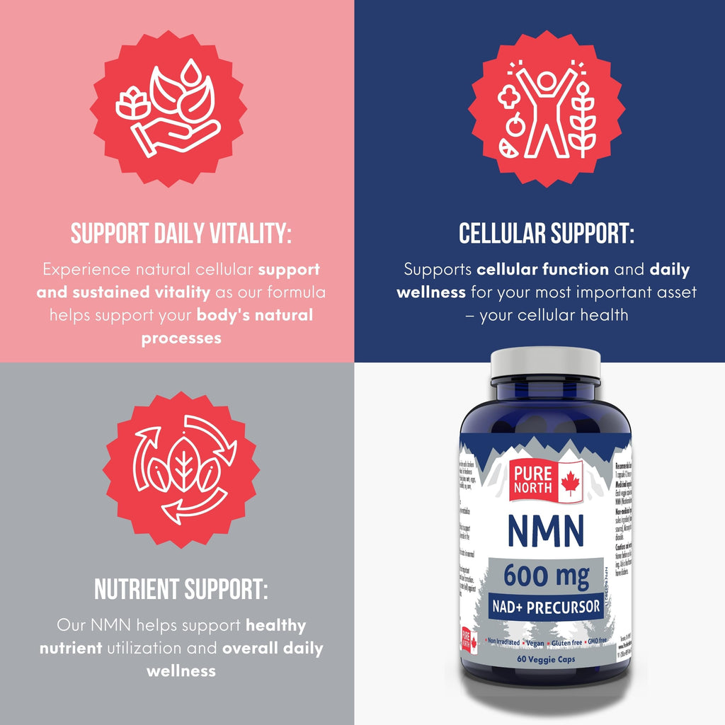 PURE NORTH NATURALS NMN 600mg, 60 Veggie Capsules, 30-Day Supply, Nicotinamide Mononucleotide for Enhanced Metabolic Function, Cellular Energy, and Cognitive Support, Non-GMO, Gluten, Dairy & Vegan