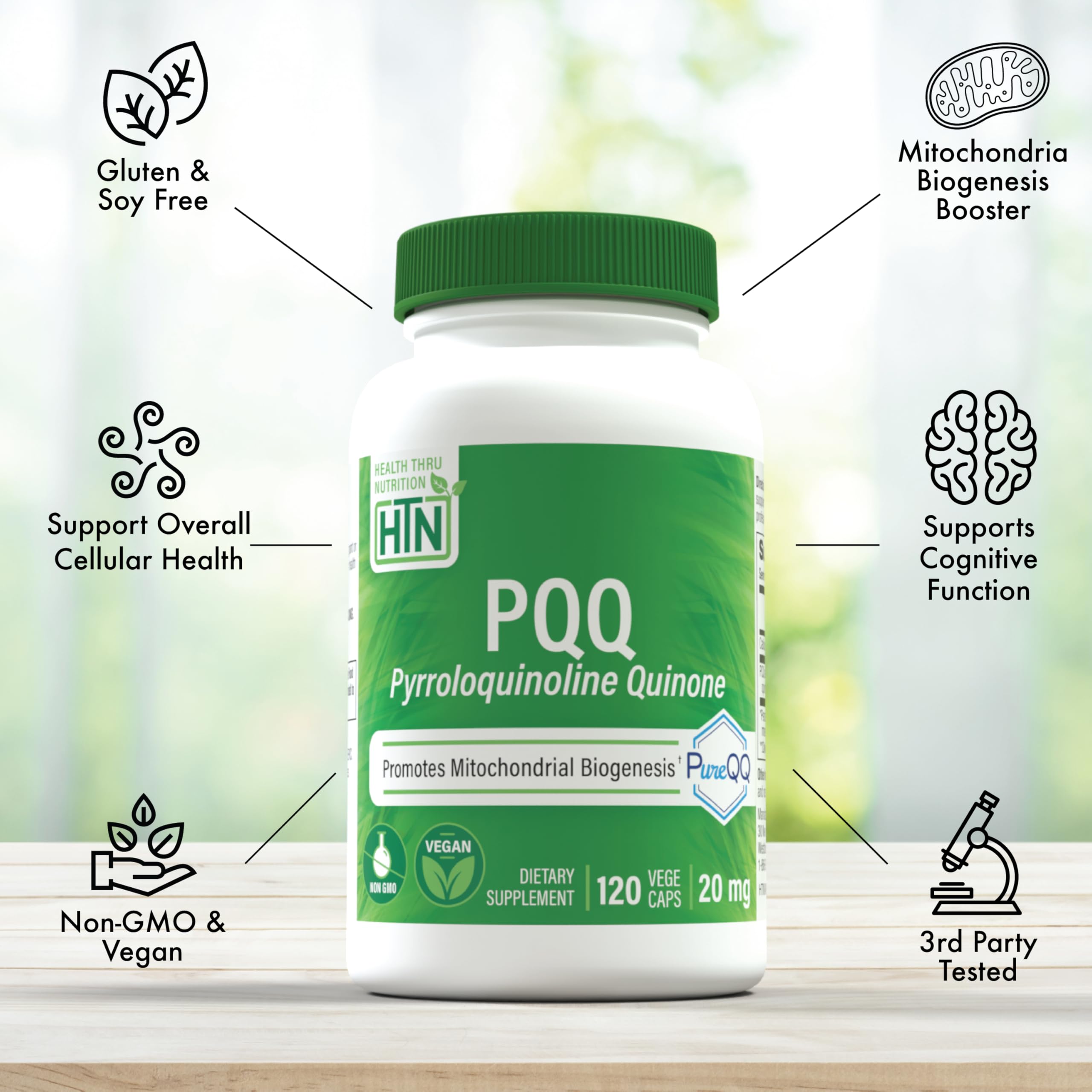 Health Thru Nutrition Pure PQQ - High Potency PQQ 20mg, 120 Vegan Capsules for Mitochondrial Support, Enhanced Energy, Non-GMO, Soy & Gluten-Free, Clean Label Pyrroloquinoline Quinone Supplement