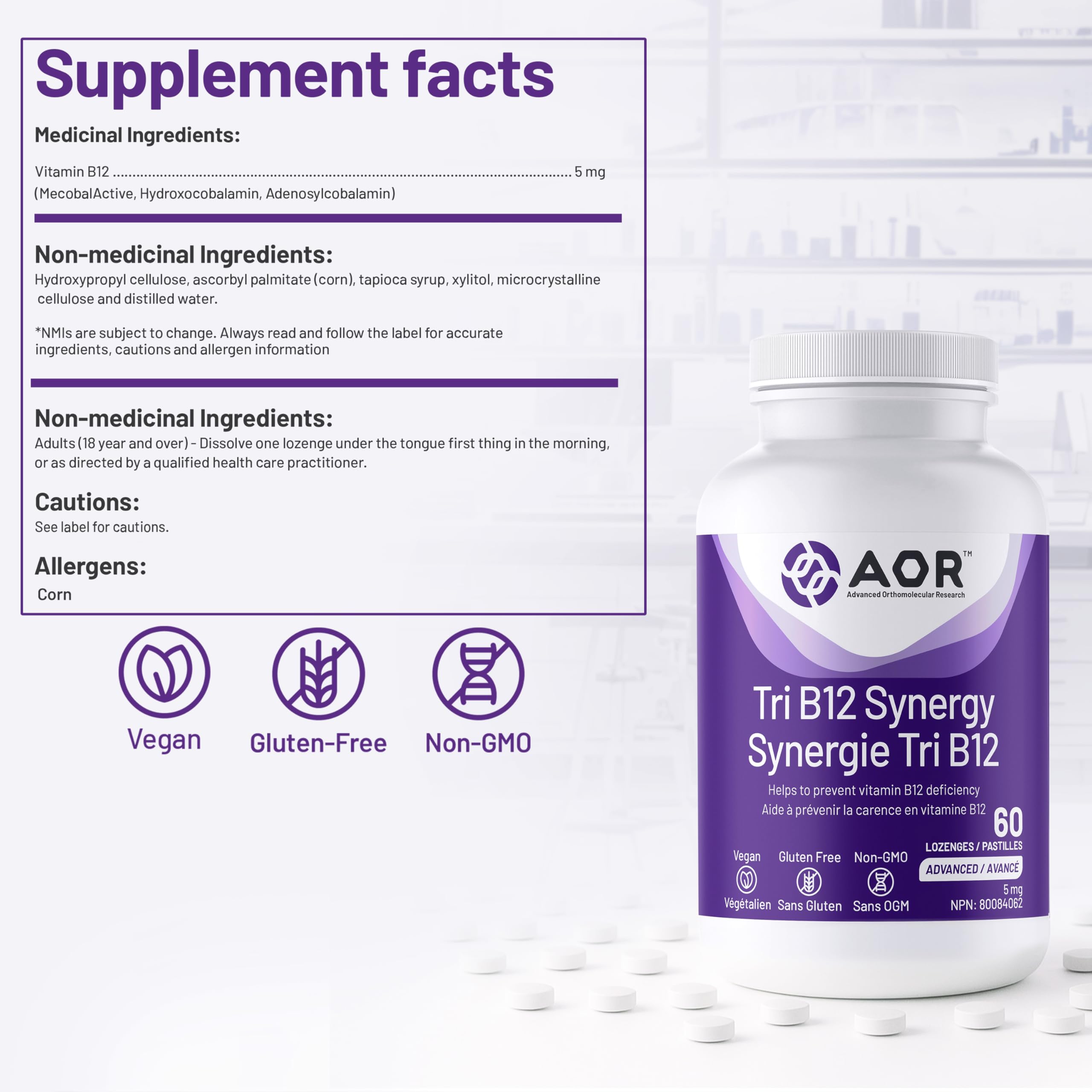 AOR Tri B12 Synergy 5 mg, 60 Lozenges, Approvisionnement de 60 Jours – Supplément de Vitamine B12 avec Méthylcobalamine, Hydroxocobalamine et Adénosylcobalamine pour le Soutien du Cœur, du Cerveau et du Système Nerveux – Végétalien et Sans OGM