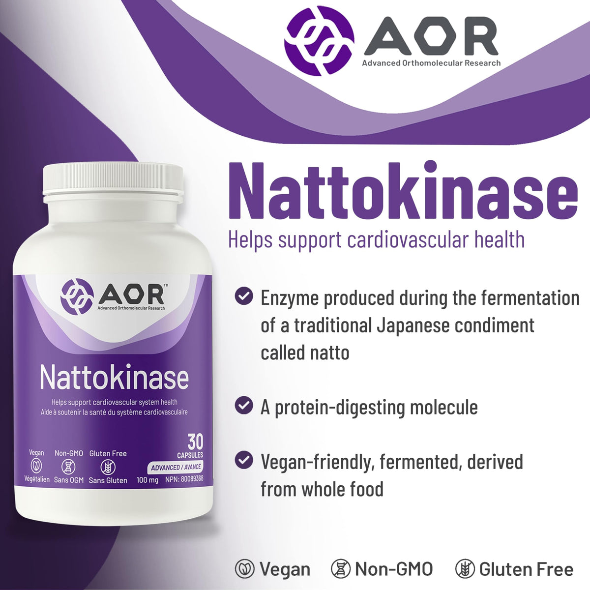 AOR Nattokinase Supplement, 100 mg 2,000-2,800 FU, Gluten Free, 60 Caps