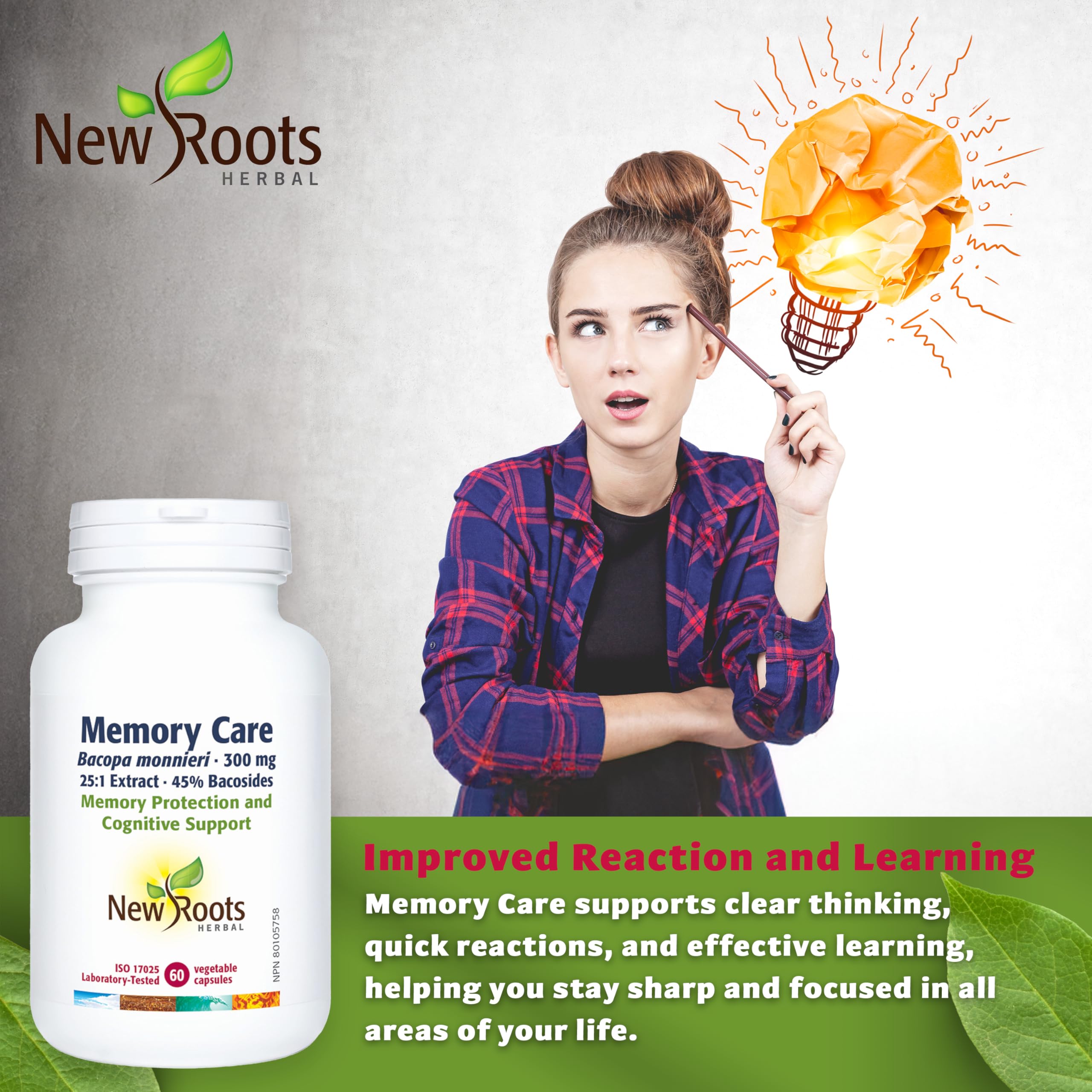 New Roots Herbal - Memory Care Bacopa Monnieri 300mg, 60 Capsules 60-Day Supply - Supplement for Cognitive Support & Memory Protection - Enhances Brain Function, Focus & Clarity - Gluten-Free Formula