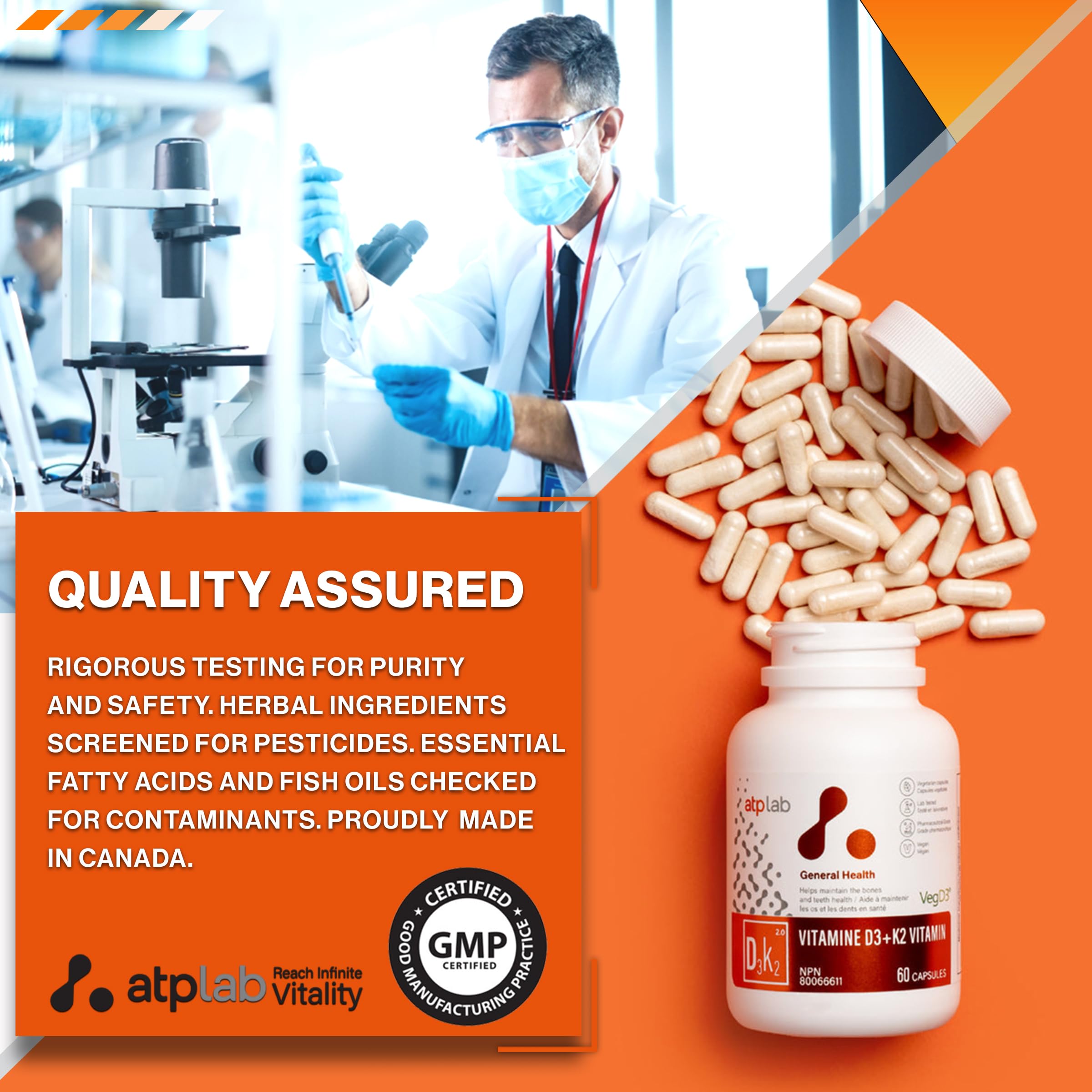 ATP LAB - Vitamine D3 K2 60 Gélules Fourniture de 60 Jours - Complément de Vitamines K2 MK-7 D3 - Os Sains, Dents Saines, Muscles Sains - Complément de Vitamines K2 D3 - D3 K2 Végétalien