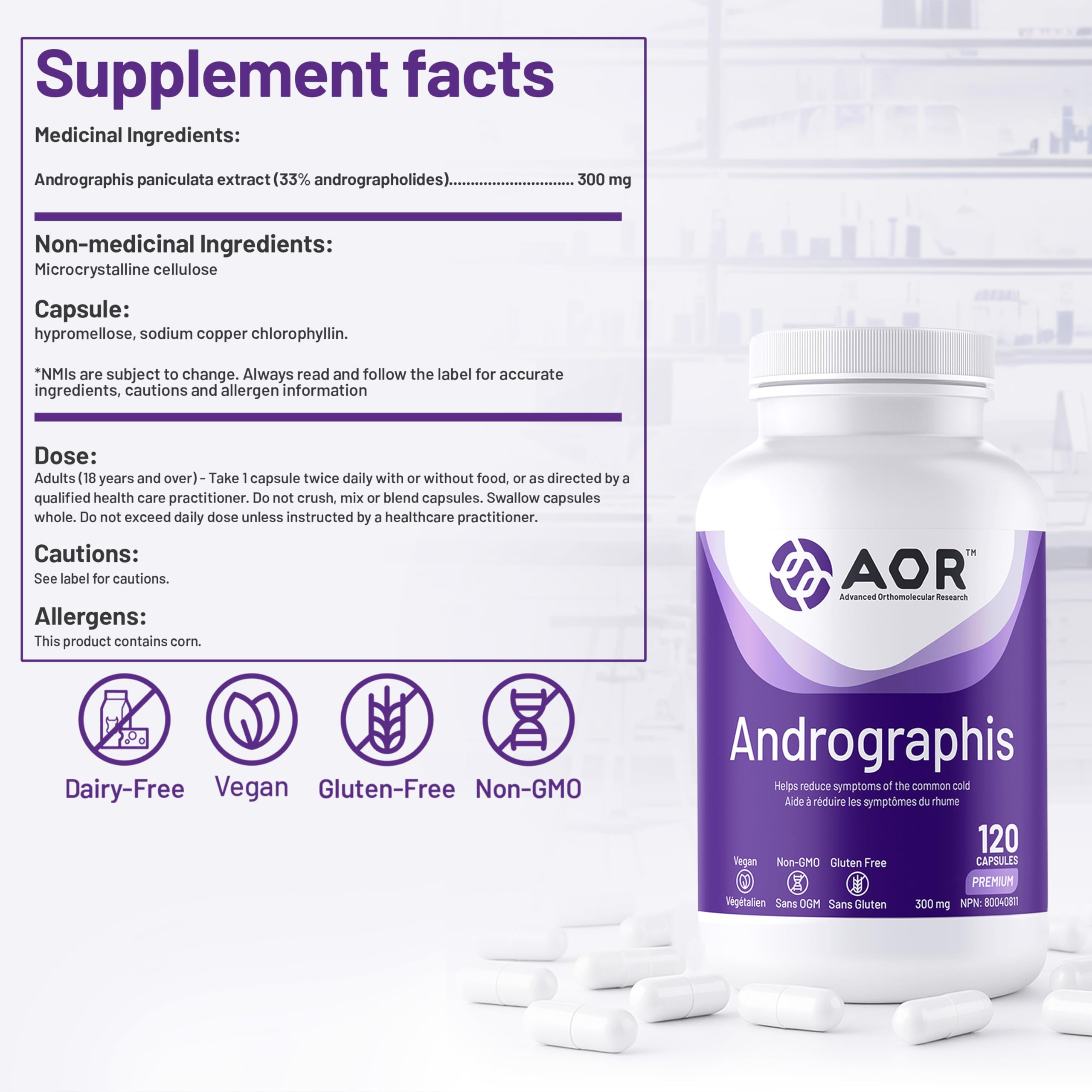 AOR Andrographis 120 Capsules 60-Day Supply - Andrographis Paniculata Herbal Extract for Immune Support & Throat Comfort - High Potency Herbal Supplement for Adults, Natural Remedy for Cold Relief