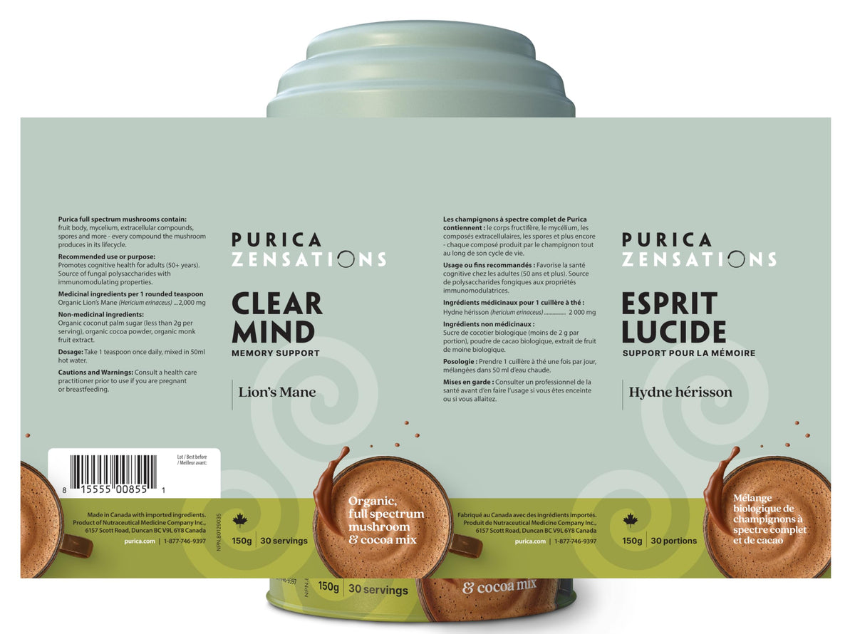 PURICA Zensations Clear Mind, Organic Lions Mane, 1600mg, Made in Canada