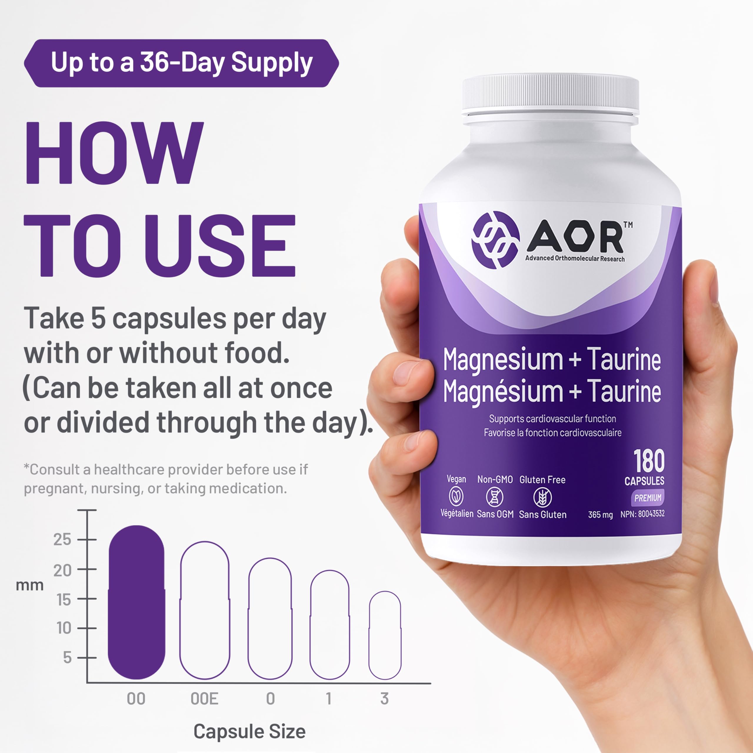Gélules de magnésium + taurine AOR, 180 unités, pour 36 jours – Soutient la santé cardiaque, favorise des niveaux de calcium équilibrés et contribue à la solidité des os, des dents et à la fonction musculaire – Végétalien, sans OGM et sans gluten