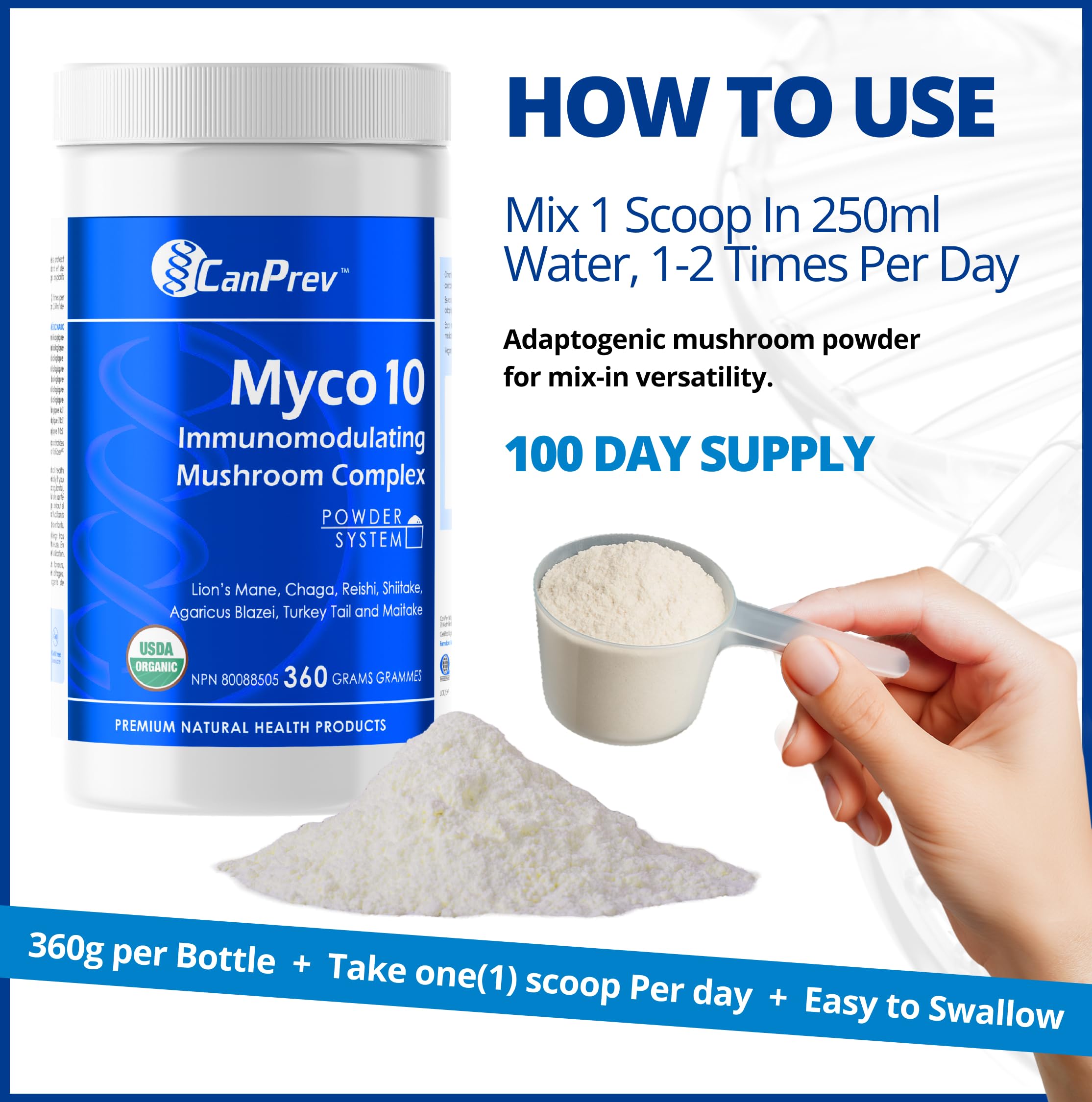 CanPrev Myco10 Complexe de champignons immunomodulateurs 360 g en poudre 100 portions - Coryolus Versicolor, Crinière de lion, Chaga, Reishi, Shiitake, Agaricus Blazei et Maitake en poudre - Végane, sans OGM et sans gluten