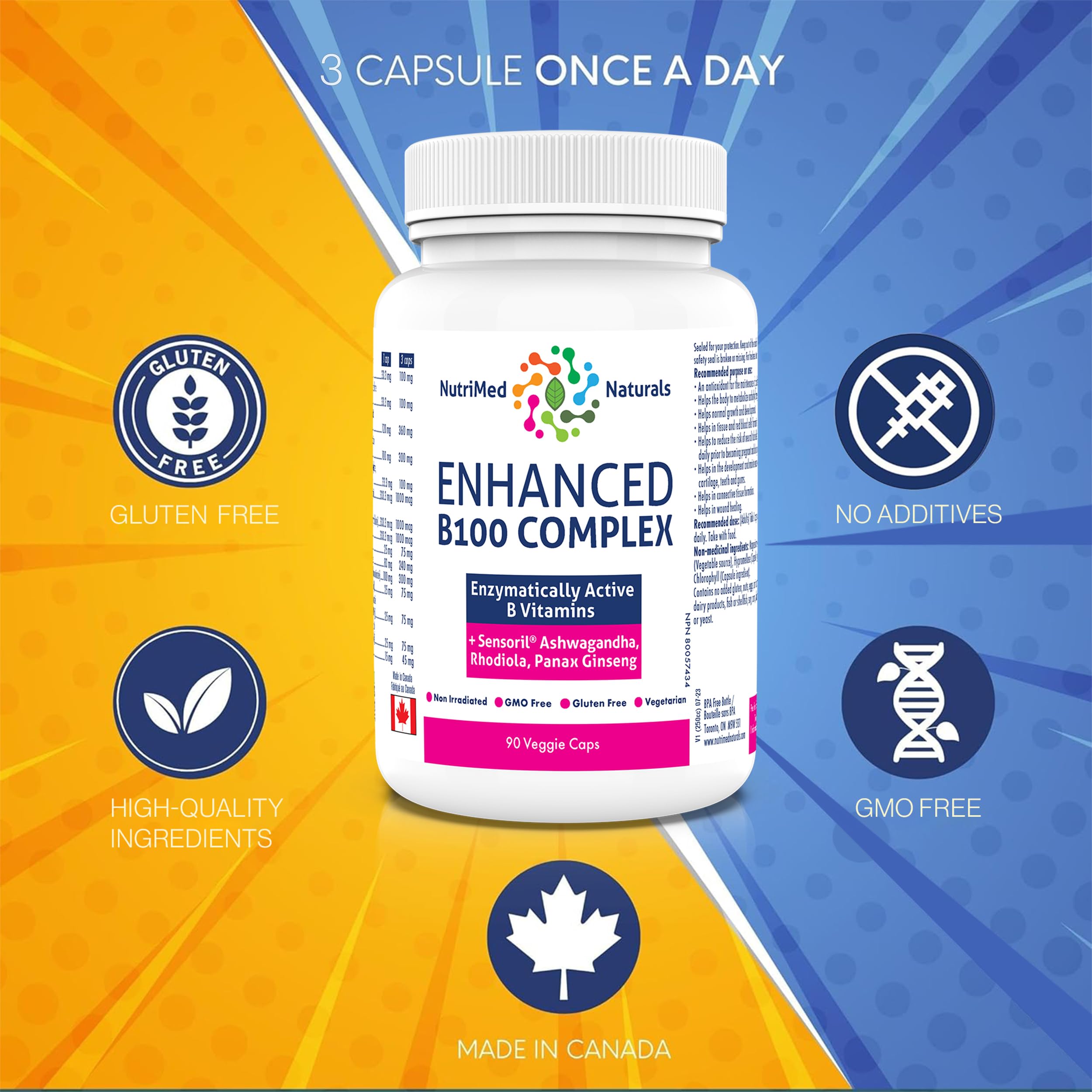 Nutrimed Naturals - Complexe B100 Amélioré, 90 Gélules (approvisionnement de 30 jours) - Supplément de Vitamines B - Santé Osseuse, Dents, Gencives et Réparation du Cartilage - Testé par des Tiers - Formulé et Fabriqué au Canada