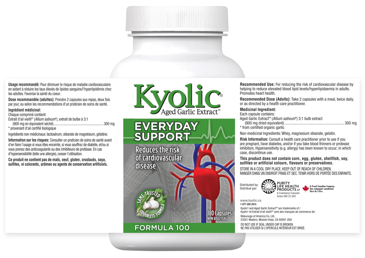 Kyolic Formula 100 Aged Garlic Extract Capsules, Odourless Garlic, 180 Caps