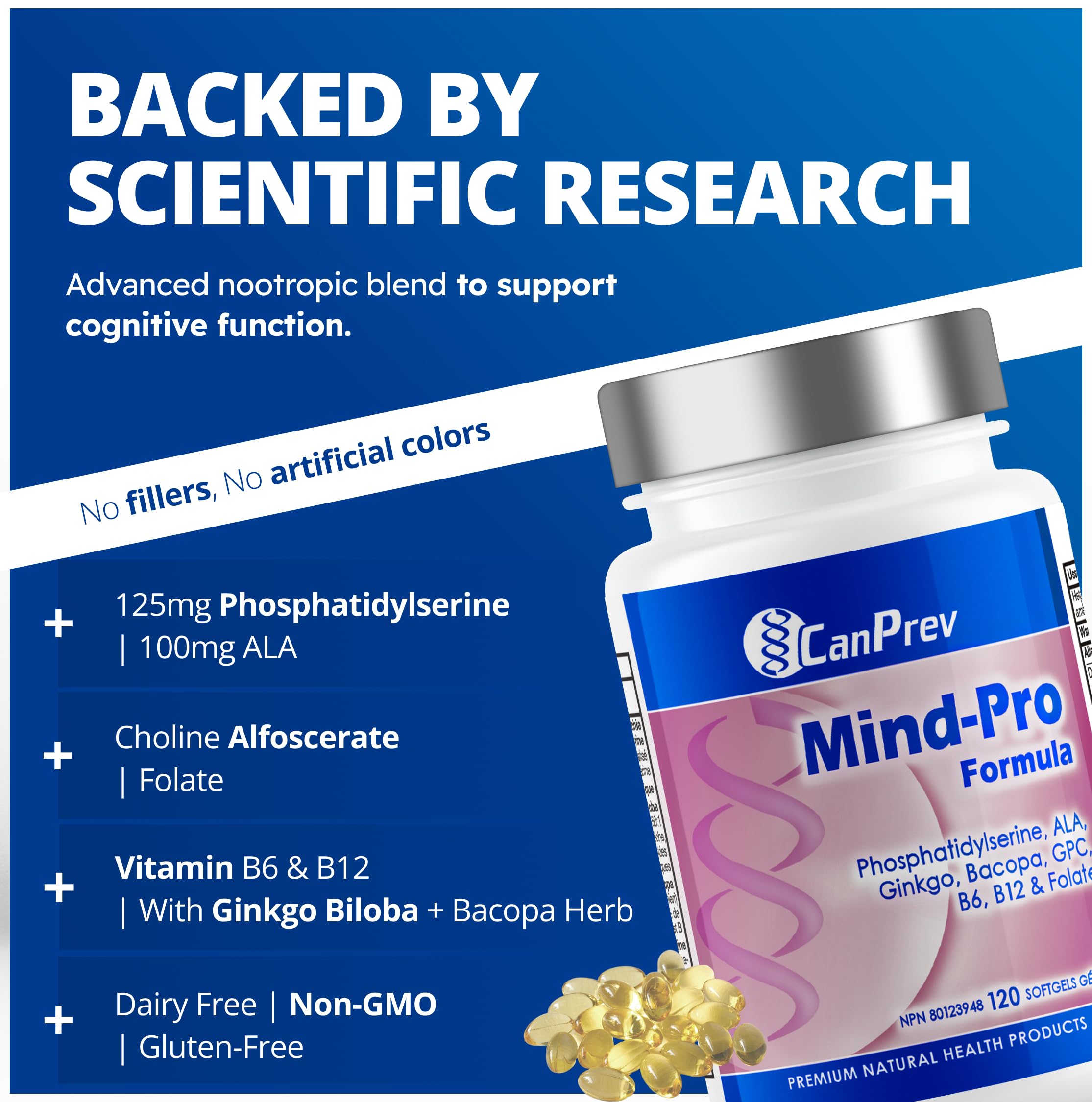 CanPrev Mind-Pro Formule 120 gélules molles, cure de 30 jours – Mélange spécialement conçu avec phosphatidylsérine, ALA, ginkgo, bacopa, GPC, B6, B12 et acide folique, soutient la santé cérébrale, la concentration et la clarté cognitive