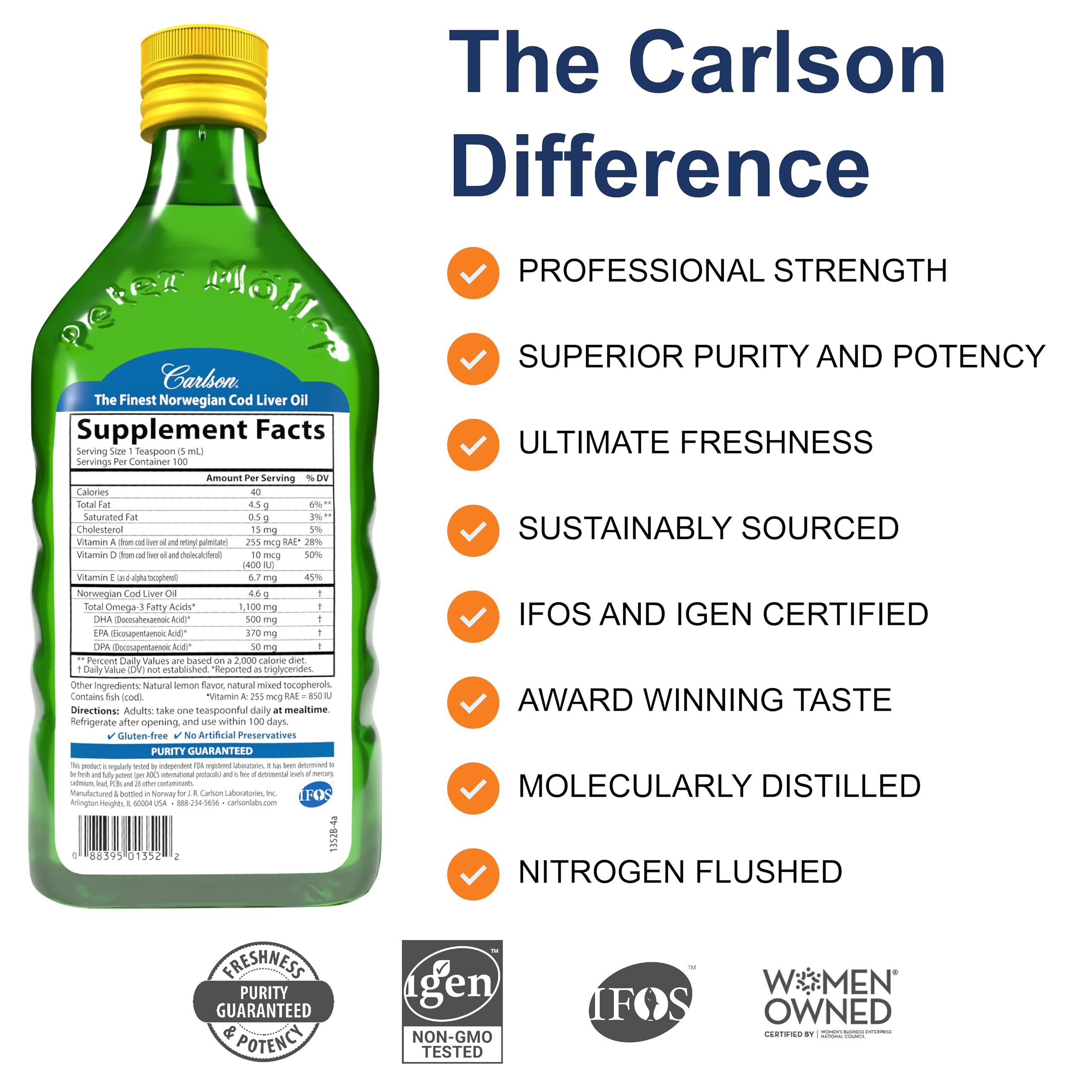 Carlson - Huile de foie de morue, 1100 mg d'oméga-3 + A et D3, huile de foie de morue arctique norvégienne sauvage, huile de poisson nordique liquide issue de la pêche durable