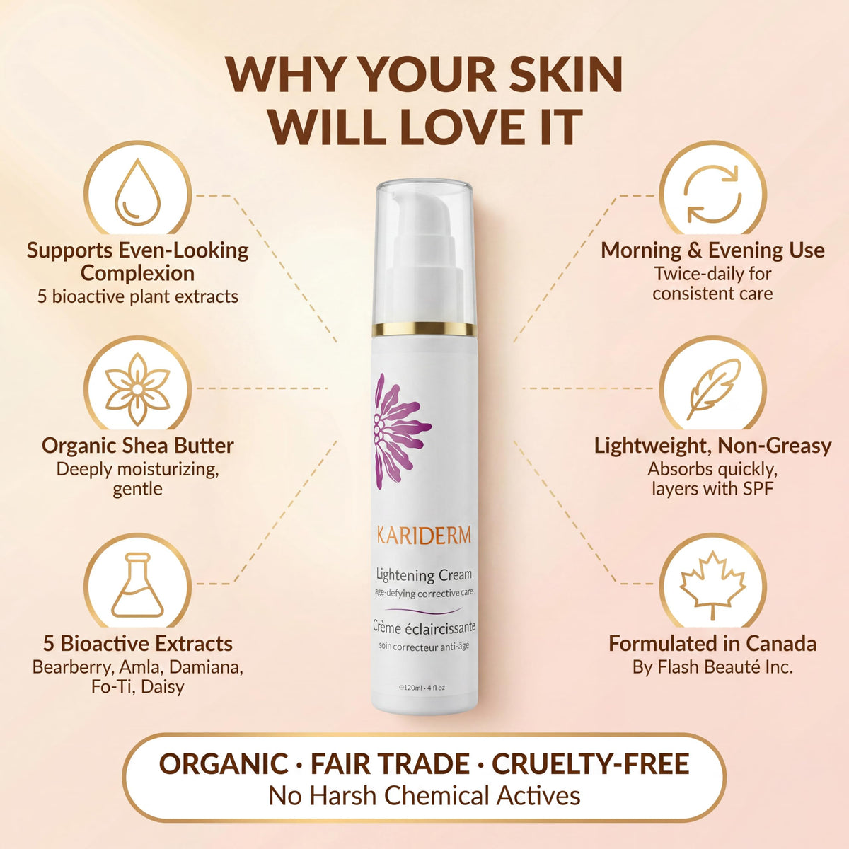 KARIDERM Lightening Cream 120ml, Organic Shea Butter with Bearberry & Damiana, Age-Defying Daily Care for Even Skin Tone