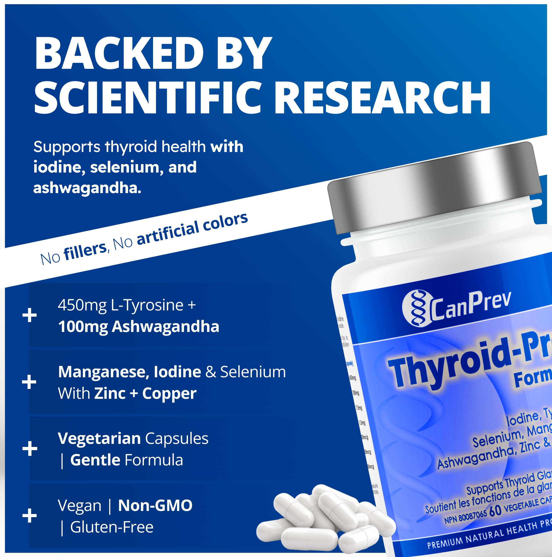 CanPrev Formule Thyro-Pro, 60 capsules végétaliennes, 30 jours – Mélange de nutriments et d'herbes – Soutient la fonction thyroïdienne et prévient les carences en fer – Sans produits laitiers, sans gluten, sans OGM et sans soja