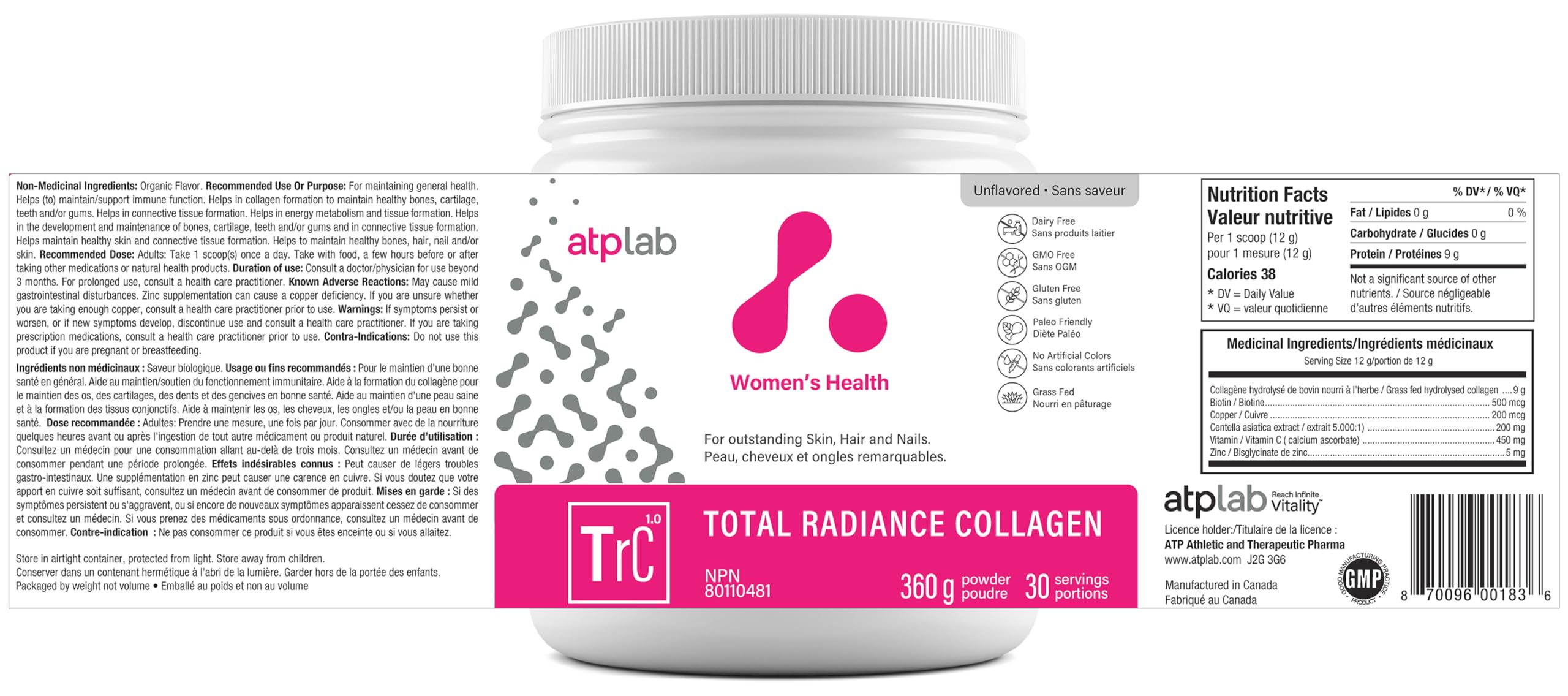 ATP LAB - Total Radiance Collagène 360g - Poudre de protéines de collagène pour femmes - Pour la peau, les cheveux et les ongles - Suppléments de collagène pour femmes