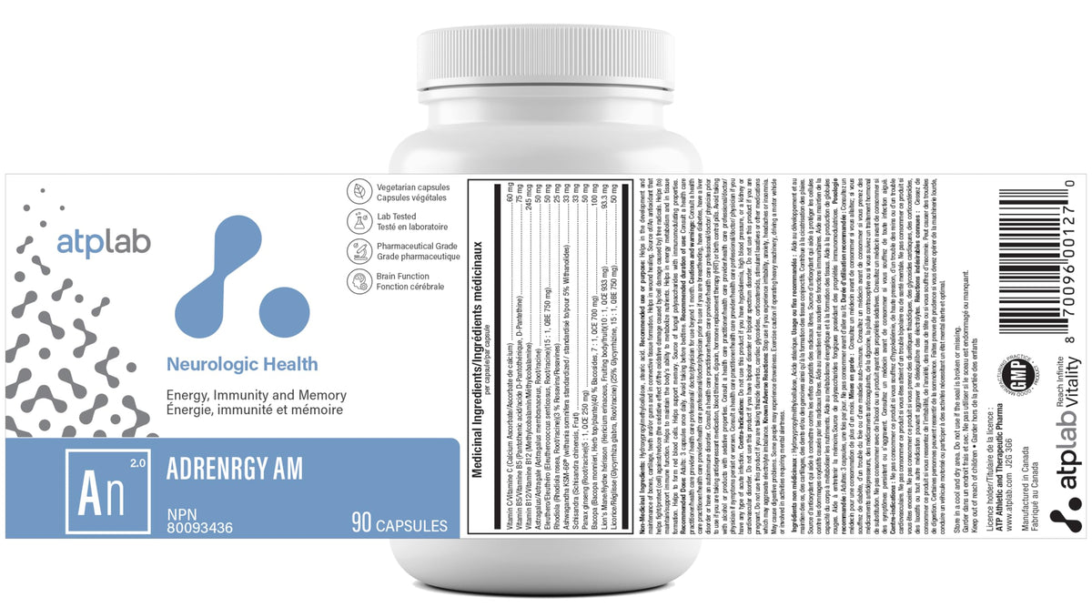 atplab AdrenRGY AM, Ashwagandha, Rhodiola Rosea, Vitamin C, B12, 90 Caps